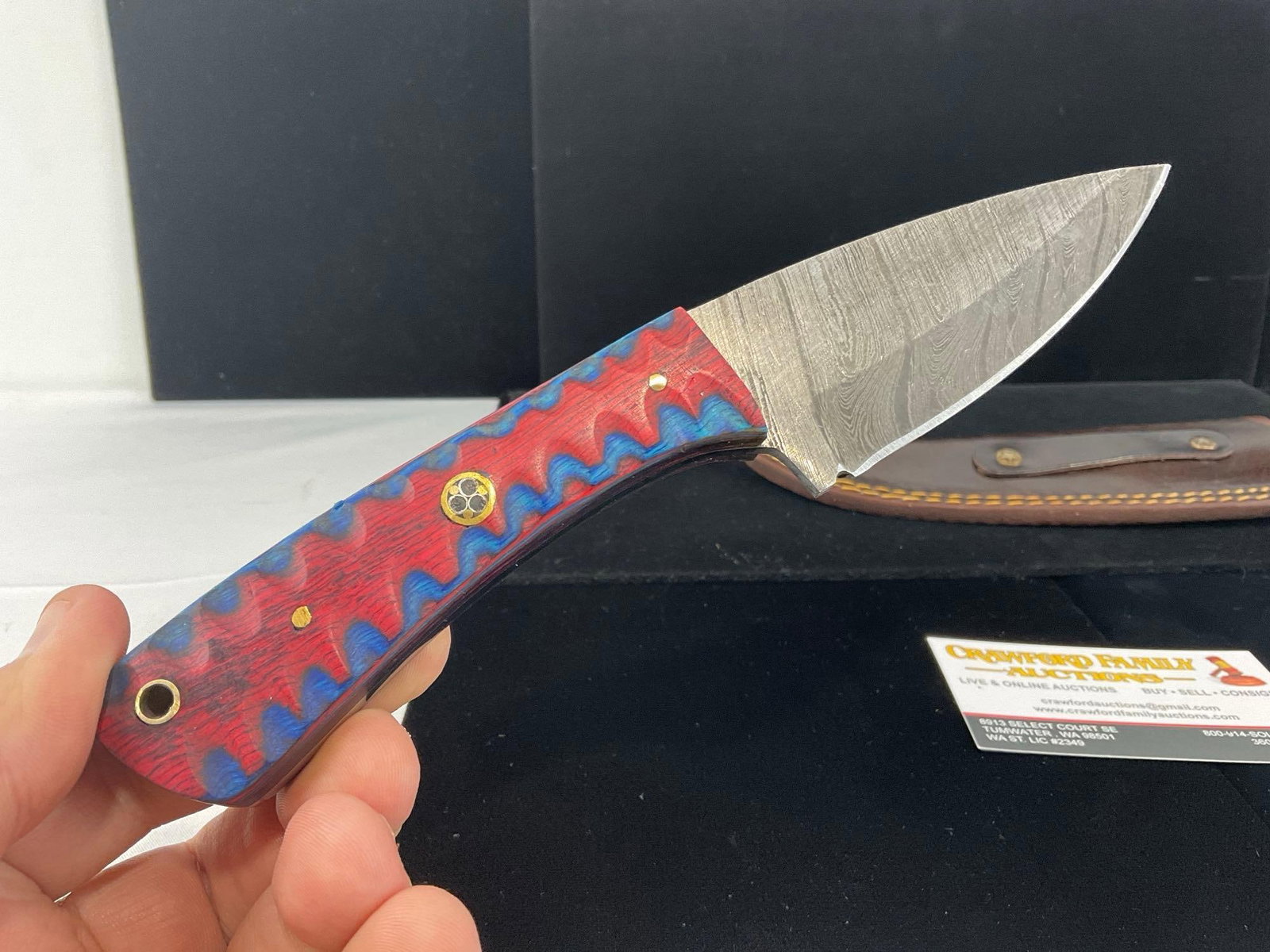 3 inch Damascus Knife w/Red & Blue Tinted Wood Handle & Leather Sheath - 2