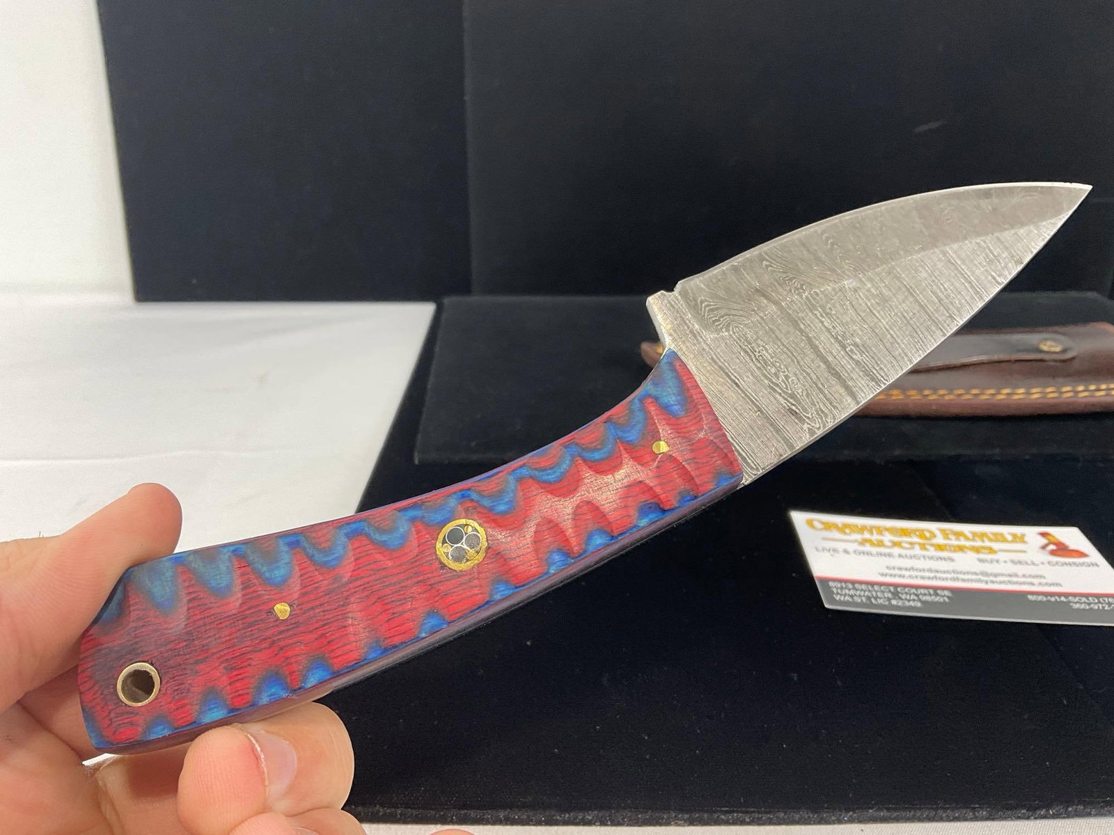 3 inch Damascus Knife w/Red & Blue Tinted Wood Handle & Leather Sheath - 3