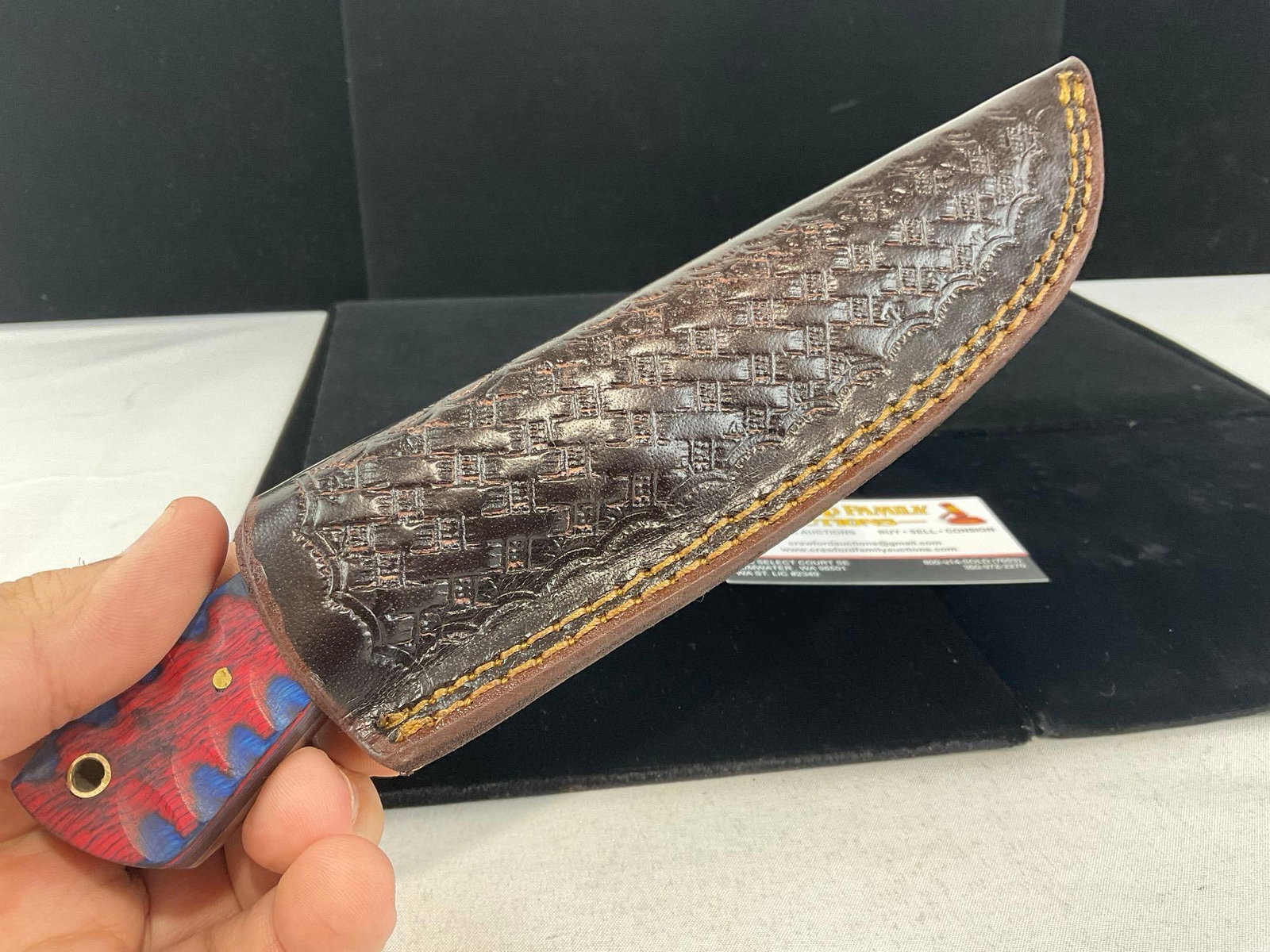 3 inch Damascus Knife w/Red & Blue Tinted Wood Handle & Leather Sheath - 4