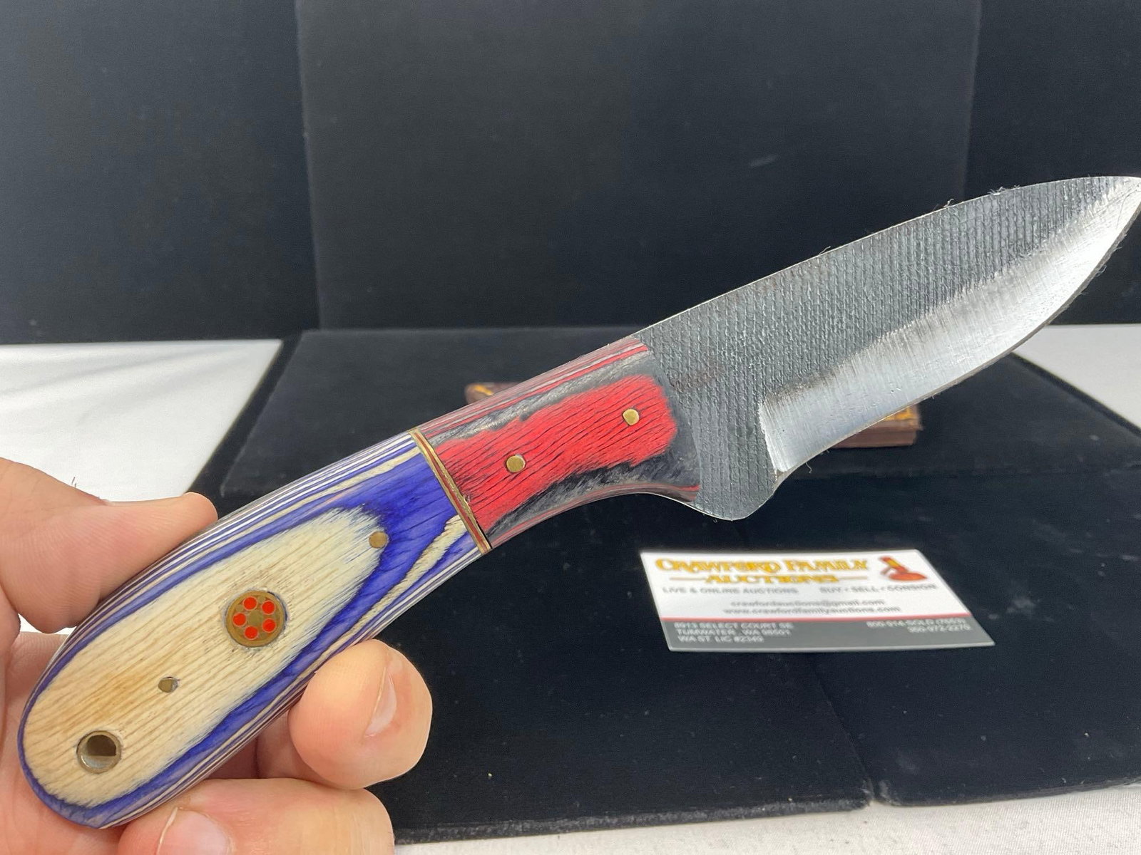 File Steel Knife w/Tinted Wood Handle, Black/Red & White/Blue & Leather Sheath - 2