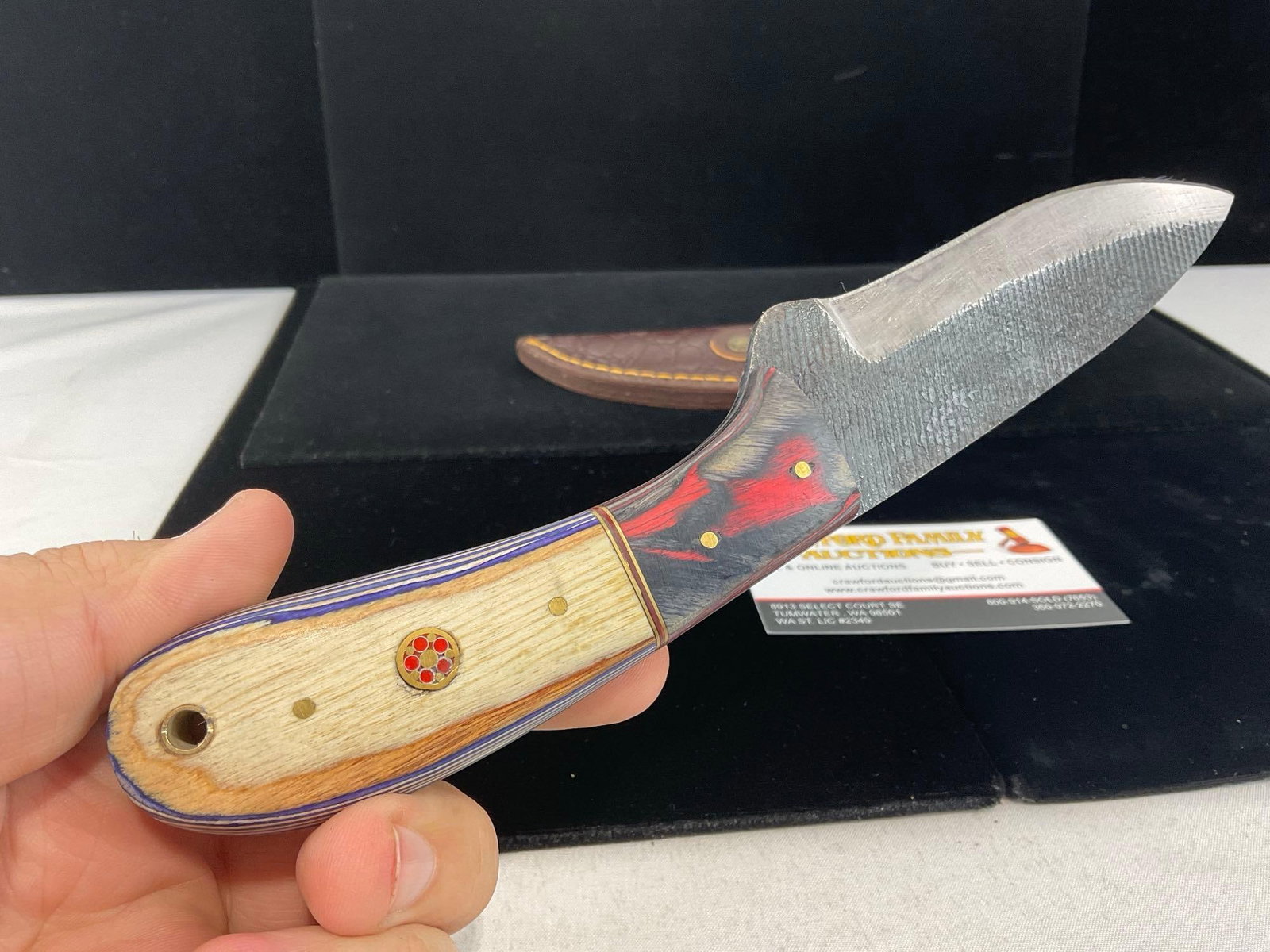 File Steel Knife w/Tinted Wood Handle, Black/Red & White/Blue & Leather Sheath - 3