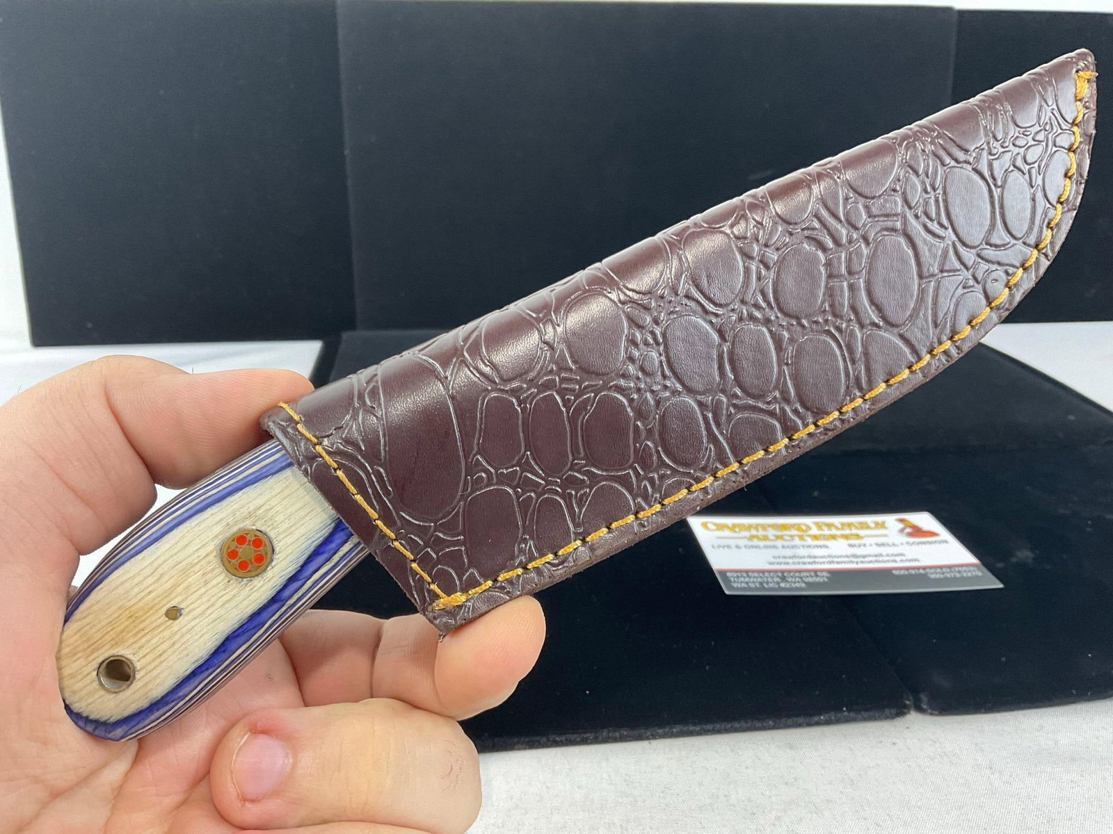 File Steel Knife w/Tinted Wood Handle, Black/Red & White/Blue & Leather Sheath - 5