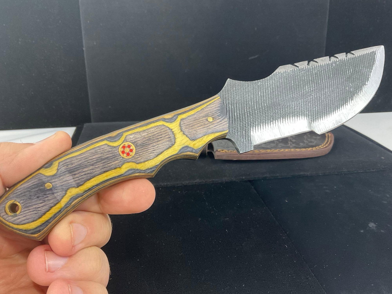 Unique File Steel Knife w/Yellow/Grey Tinted Wood Handle, Leather Sheath - 2