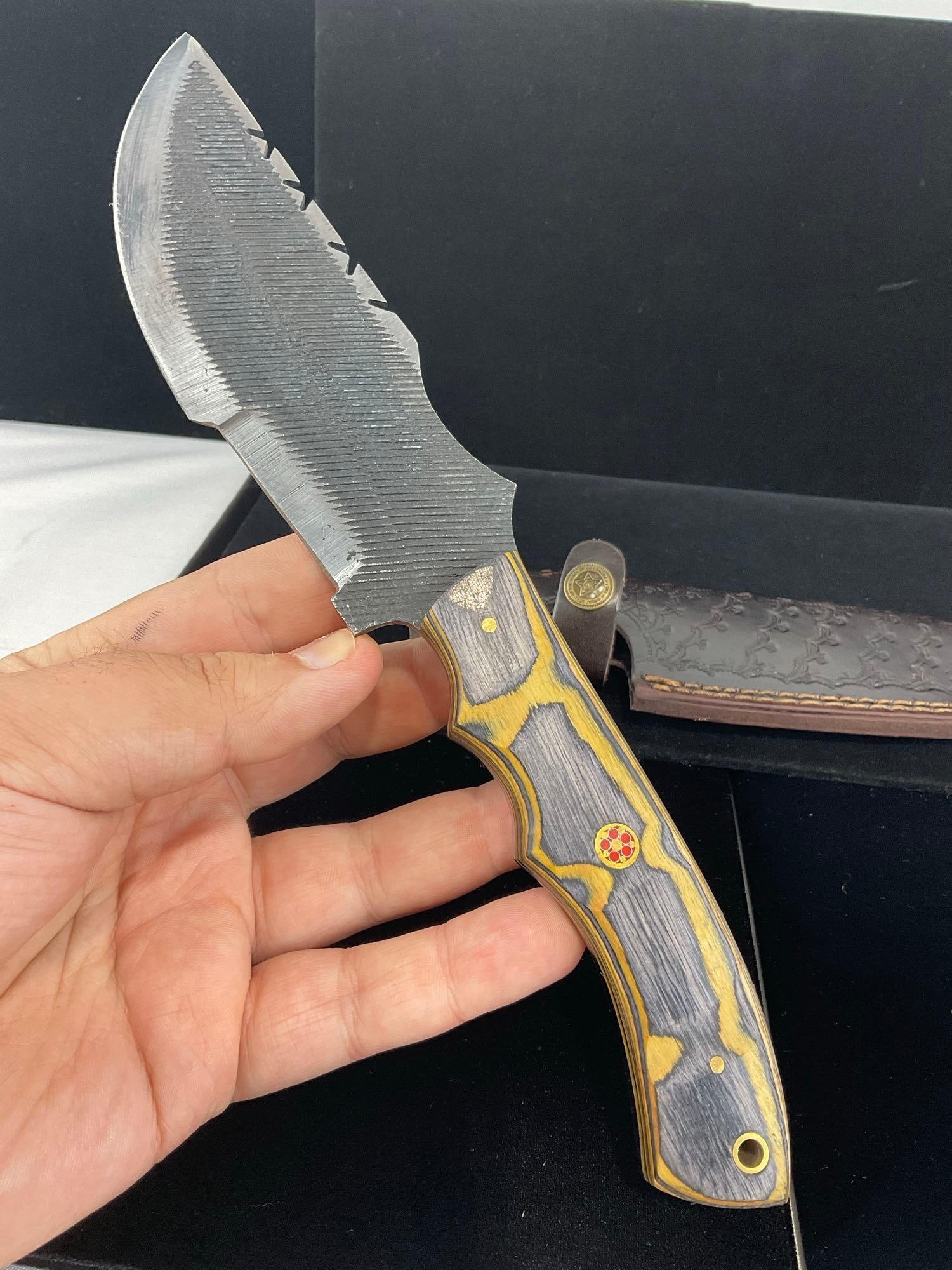 Unique File Steel Knife w/Yellow/Grey Tinted Wood Handle, Leather Sheath - 3