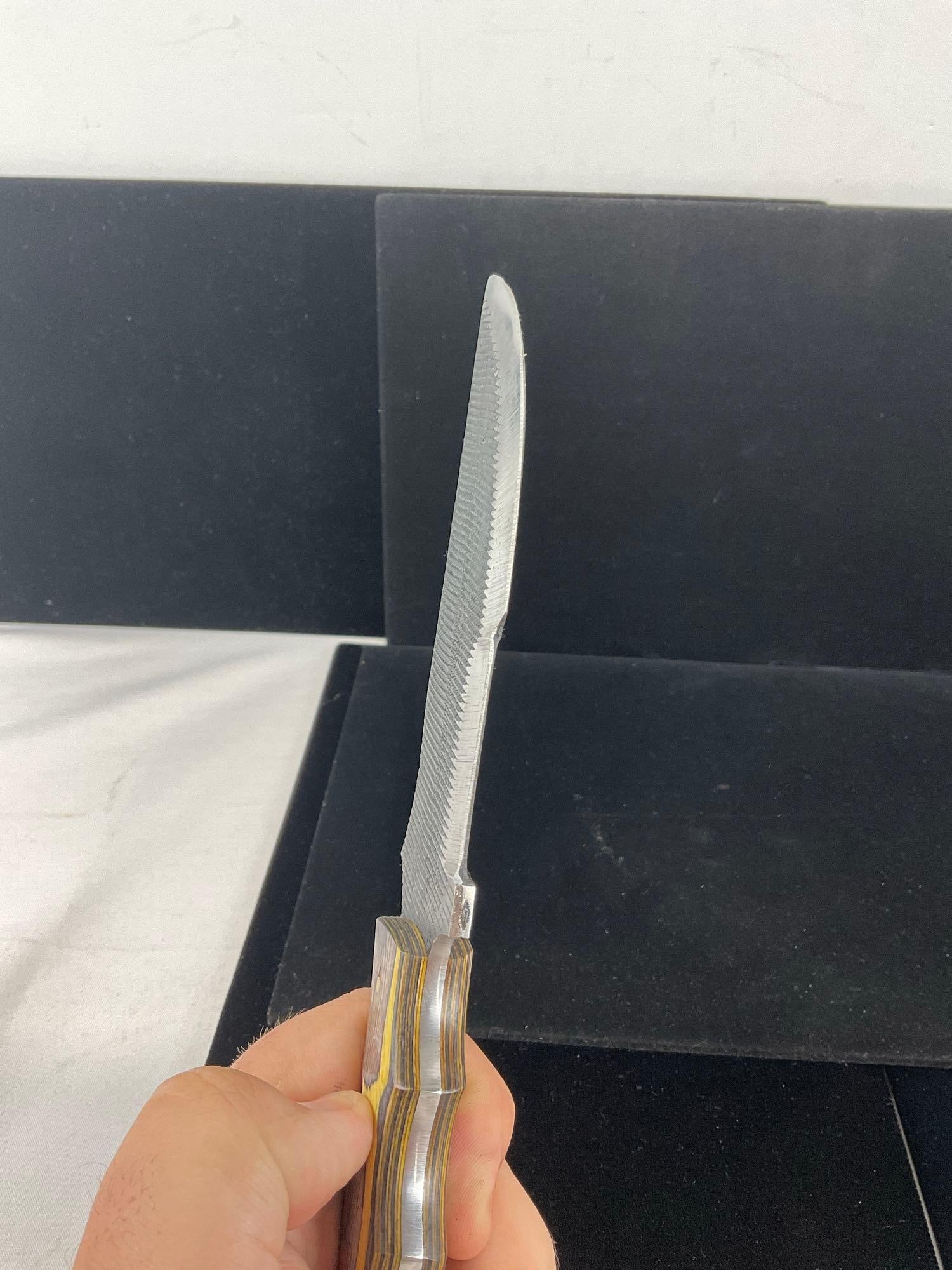 Unique File Steel Knife w/Yellow/Grey Tinted Wood Handle, Leather Sheath - 4