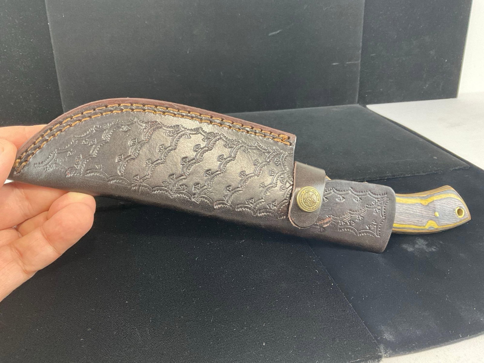 Unique File Steel Knife w/Yellow/Grey Tinted Wood Handle, Leather Sheath - 5