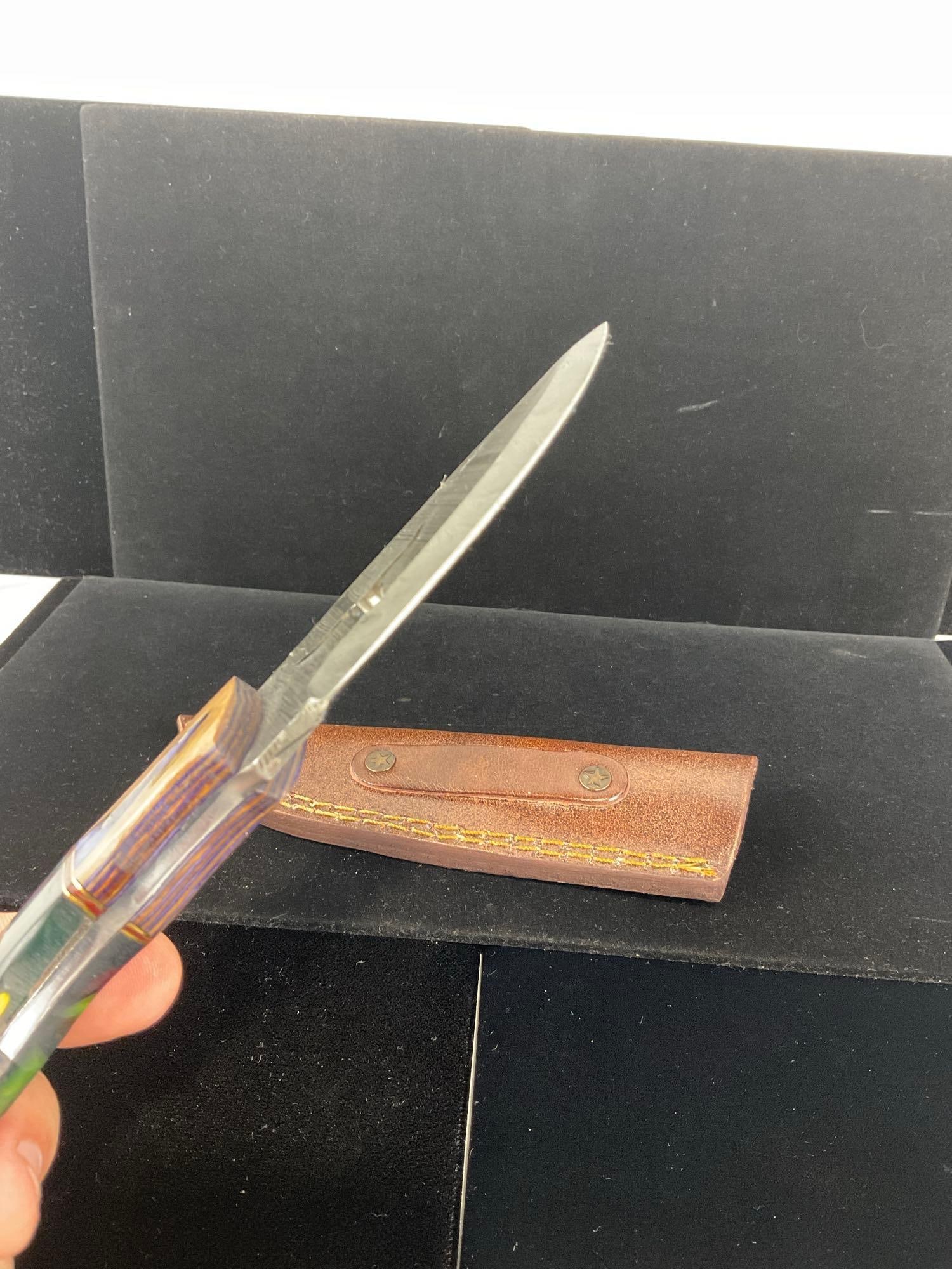Longhorn Cut Out Damascus Steel Knife w/3 inch blade, Tinted Wood/Green Resin handle, Leather She... - 3