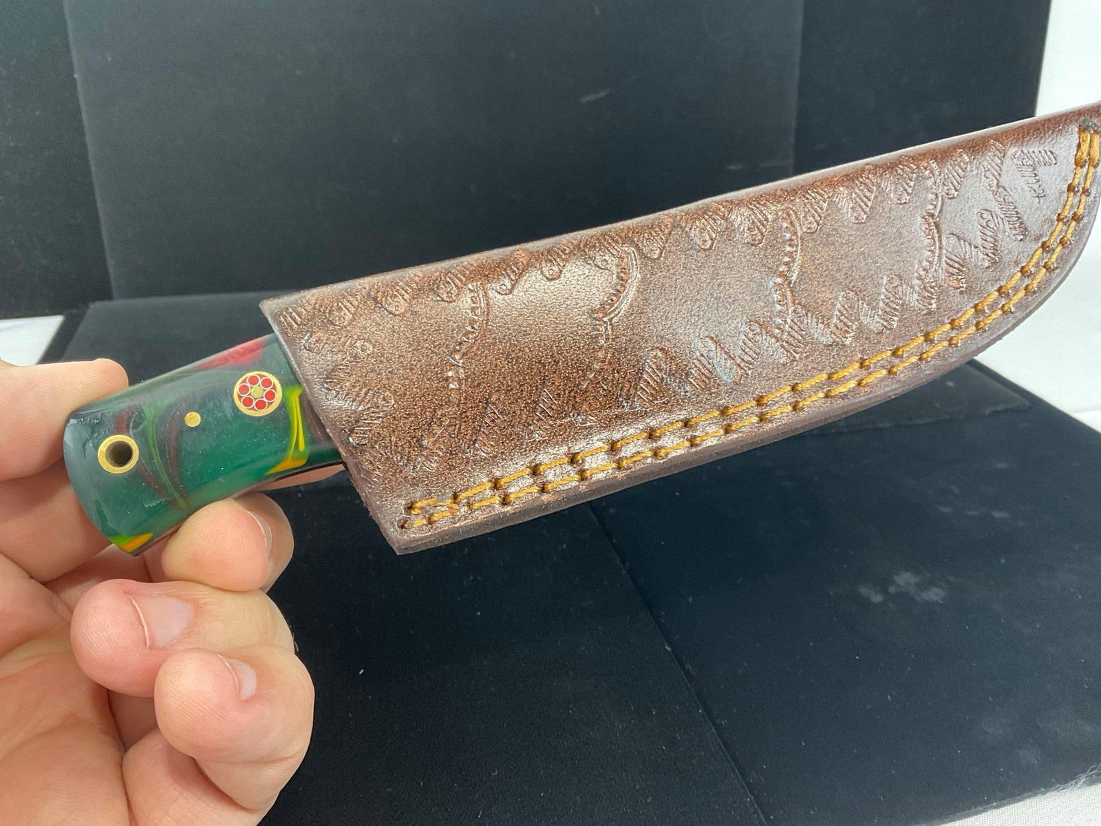 Longhorn Cut Out Damascus Steel Knife w/3 inch blade, Tinted Wood/Green Resin handle, Leather She... - 4