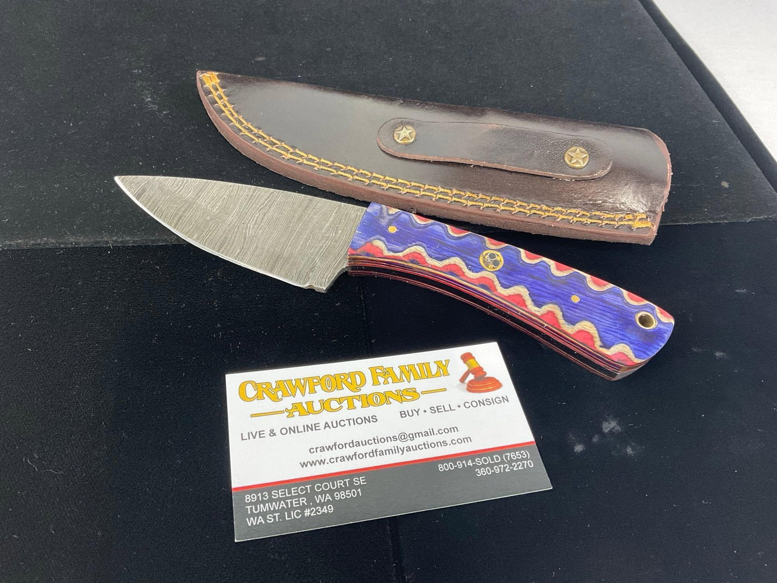 Damascus Steel Knife w/3 inch blade, Tinted Wood Red/Purple, & Leather Sheath: All these knives are from the same collection. See pics for condition. Blade measures approx 3 inches. Measures approx 10h x 3w x 2d inches. E-3440