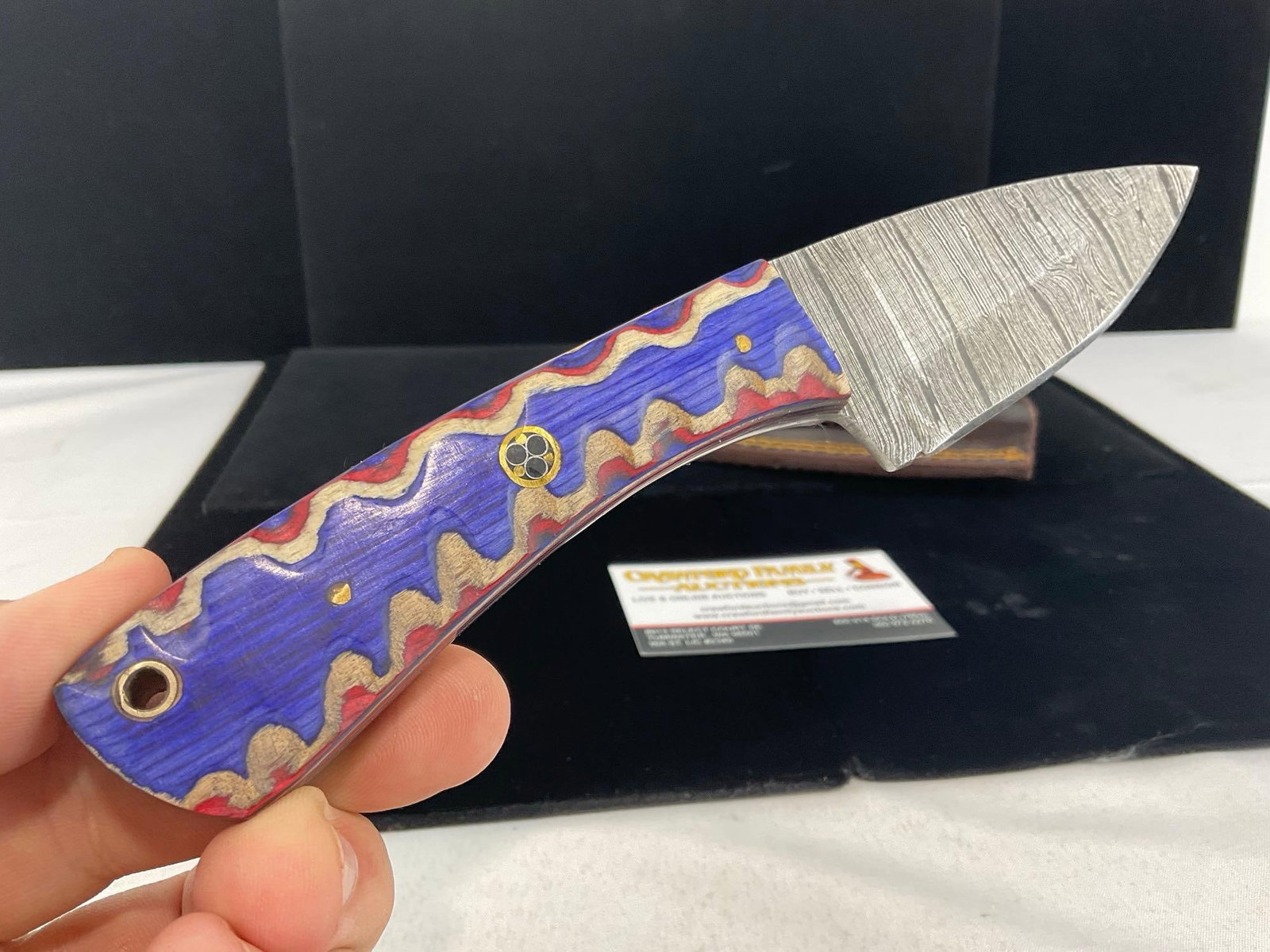 Damascus Steel Knife w/3 inch blade, Tinted Wood Red/Purple, & Leather Sheath - 2