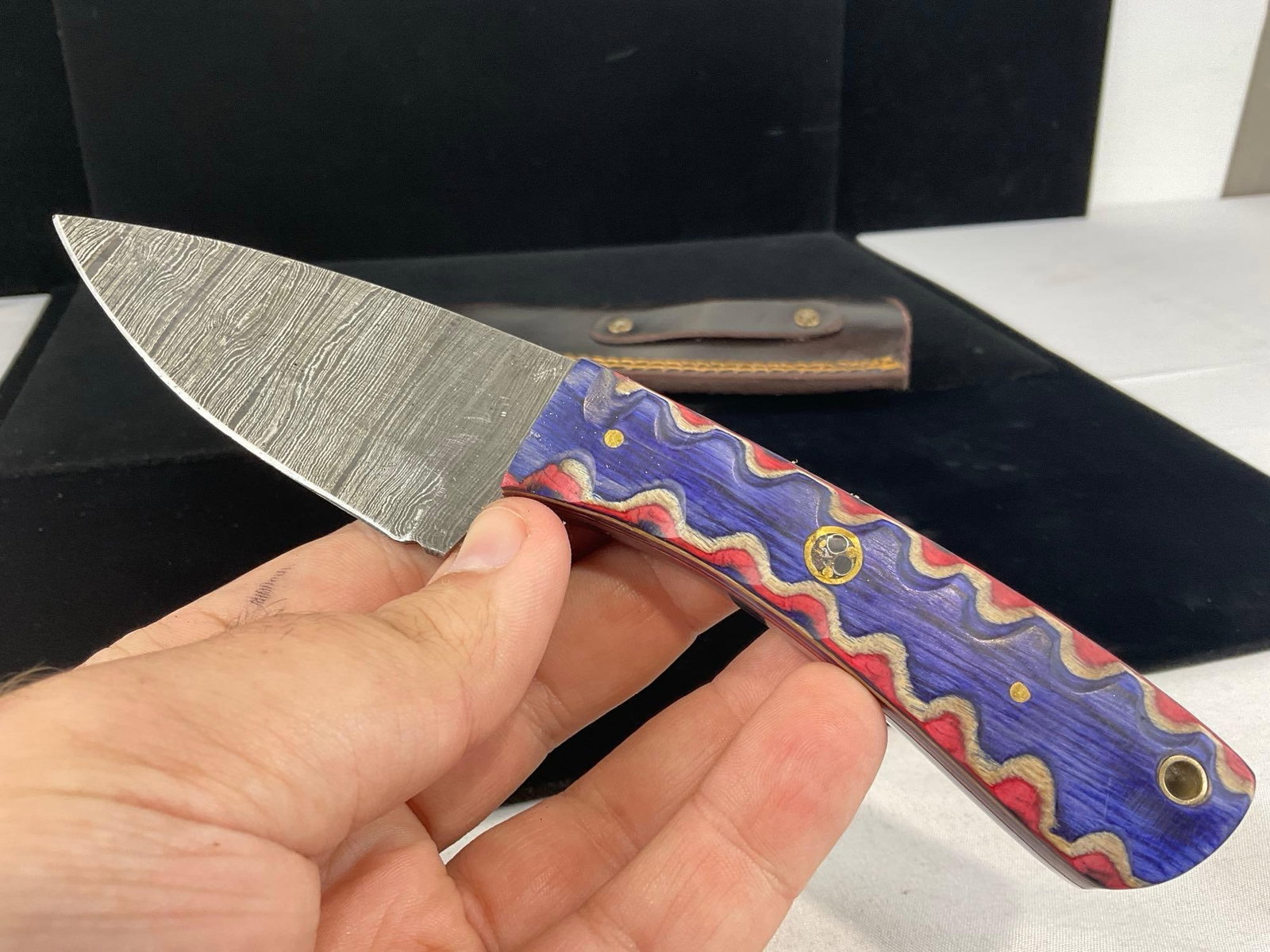 Damascus Steel Knife w/3 inch blade, Tinted Wood Red/Purple, & Leather Sheath - 3