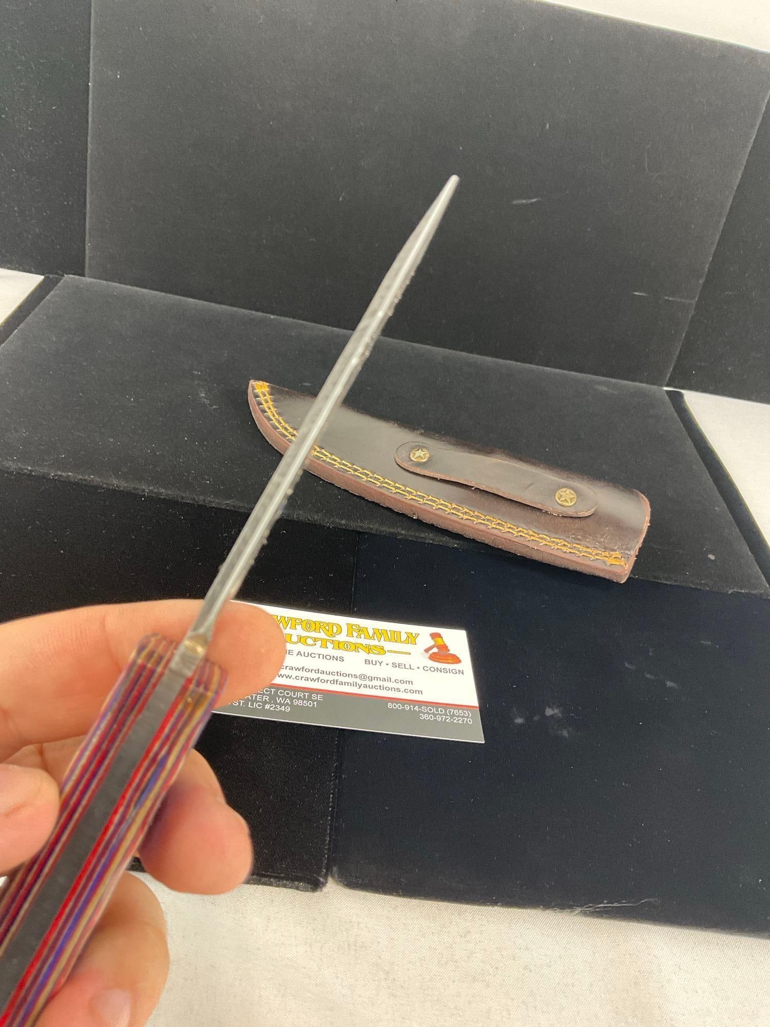 Damascus Steel Knife w/3 inch blade, Tinted Wood Red/Purple, & Leather Sheath - 4