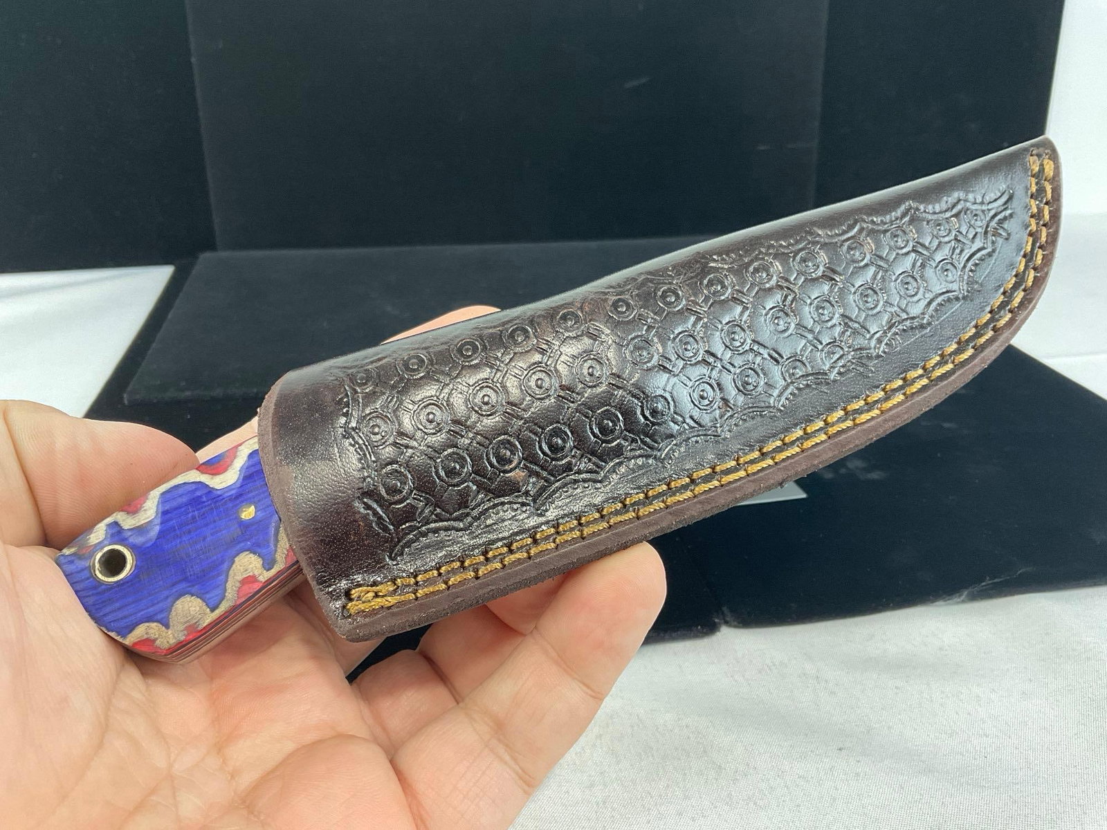 Damascus Steel Knife w/3 inch blade, Tinted Wood Red/Purple, & Leather Sheath - 5
