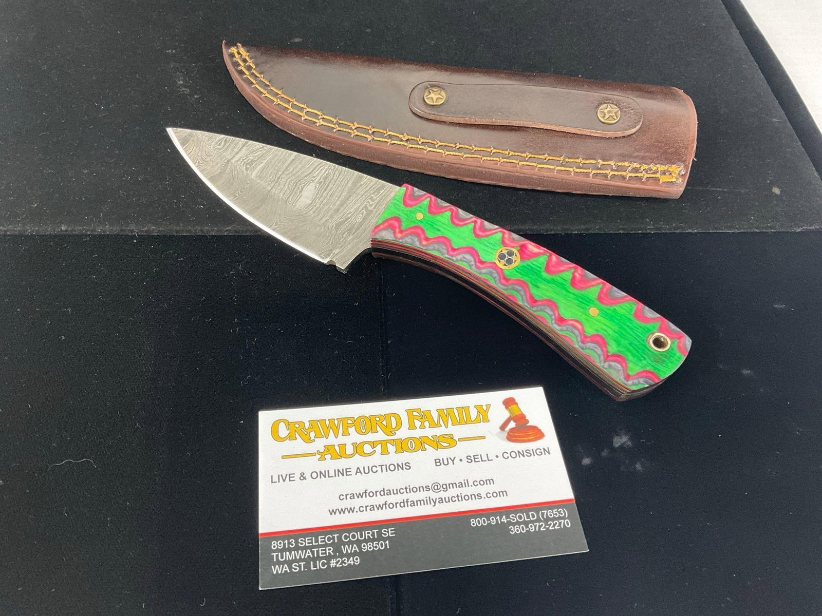 Damascus 3 inch Blade Knife w/Red/Green Tinted Wood Handle & Leather Sheath: All these knives are from the same collection. See pics for condition. Blade measures approx 3 inches. Measures approx 10h x 3w x 2d inches. E-3440