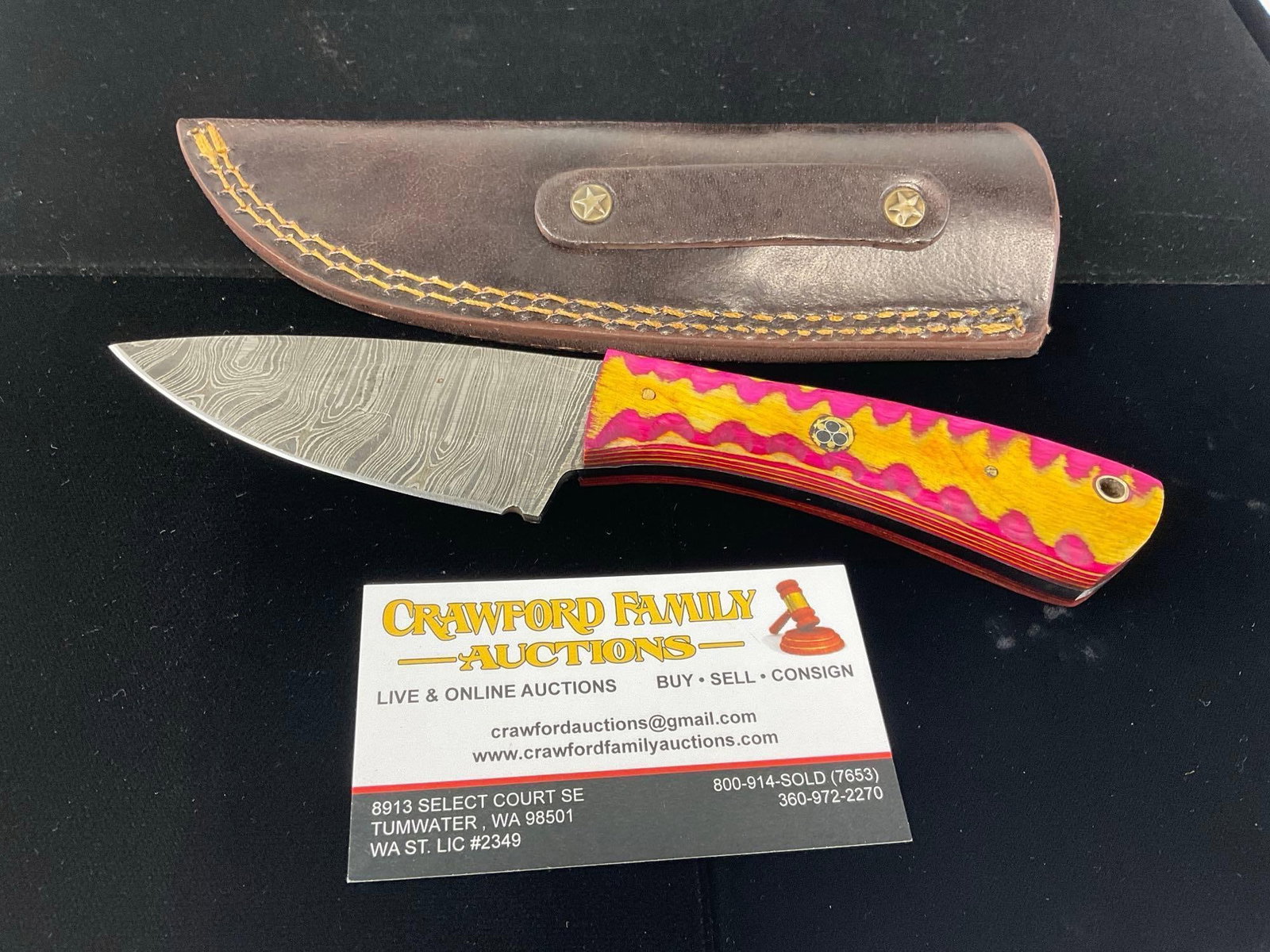 Damascus Steel Knife w/3 inch blade, Pink/Yellow Tinted Wood Handle & Leather Sheath: All these knives are from the same collection. See pics for condition. Blade measures approx 3 inches. Measures approx 10h x 3w x 2d inches. E-3440