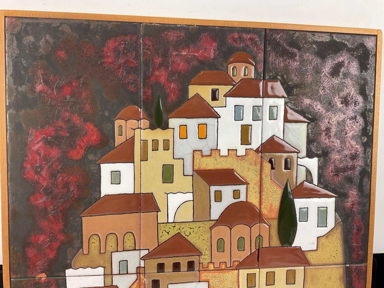 Angelos Tsakirakis Style Greek Framed Tile Wall Hanging, Buildings on an Island, 17x13 inches - 2