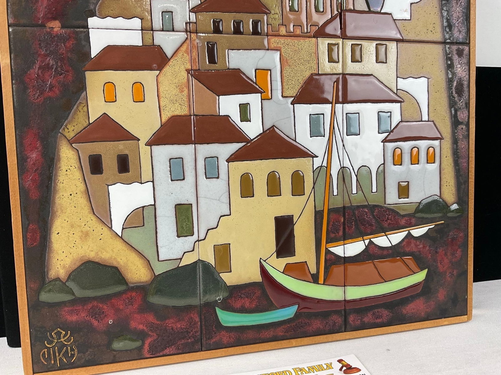 Angelos Tsakirakis Style Greek Framed Tile Wall Hanging, Buildings on an Island, 17x13 inches - 3