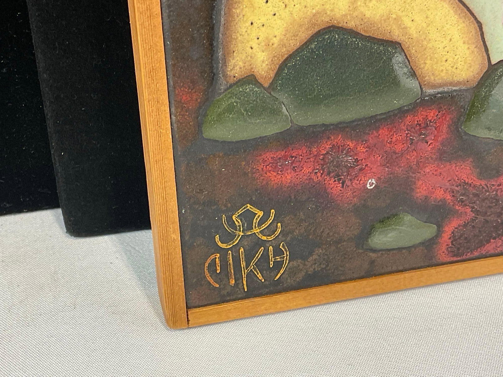 Angelos Tsakirakis Style Greek Framed Tile Wall Hanging, Buildings on an Island, 17x13 inches - 4