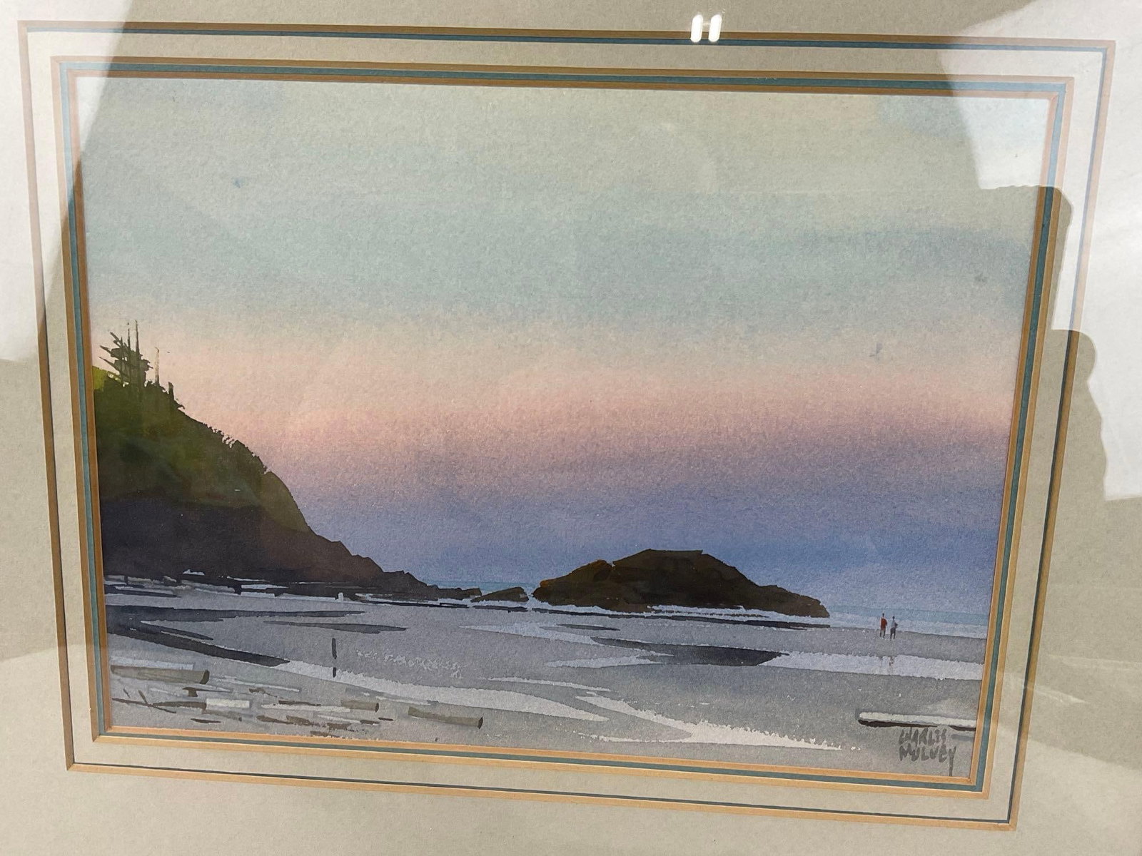 Framed Watercolor titled Beards Hollow Sundown by Charles Mulvey 1981, 15x17 inches - 2