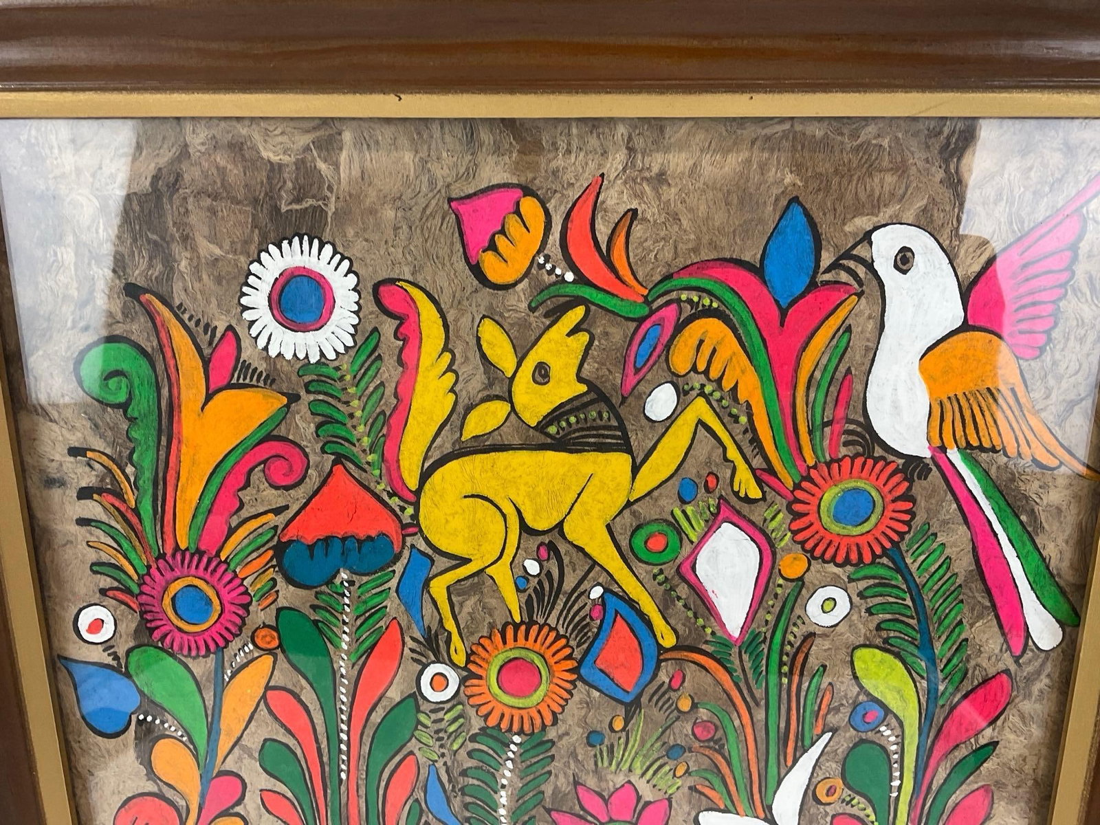 Framed Mexican Folk Art Amate Bark paper Painting, Indigenous Southern Mexico style, 23x19 inches - 2