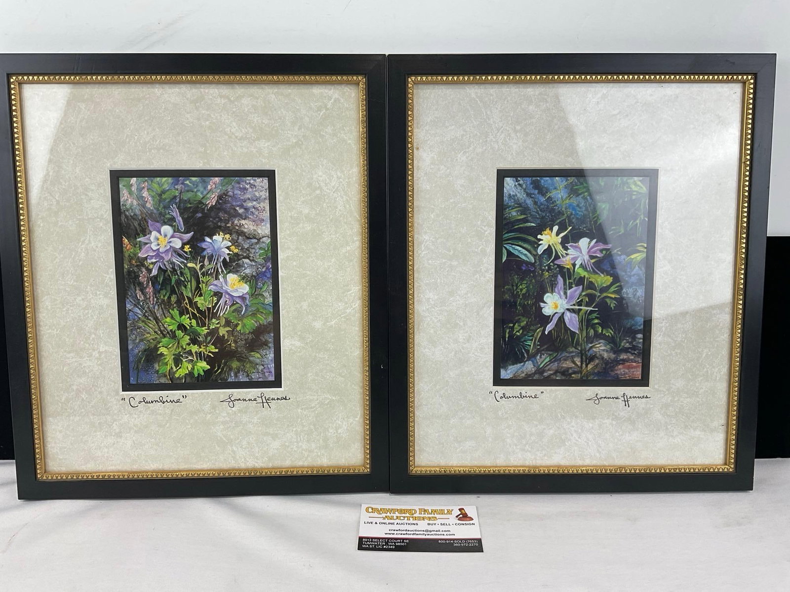 Pair of Signed & Prints, both titled Columbine by Joanne Hennes, 14h x 13w x 3d inches: about the artist Born in Illinois in 1936, Joanne Hennes studied fine art locally and in Paris before establishing her long-term studio and gallery base north of Jackson, Wyoming. For over 50 years,