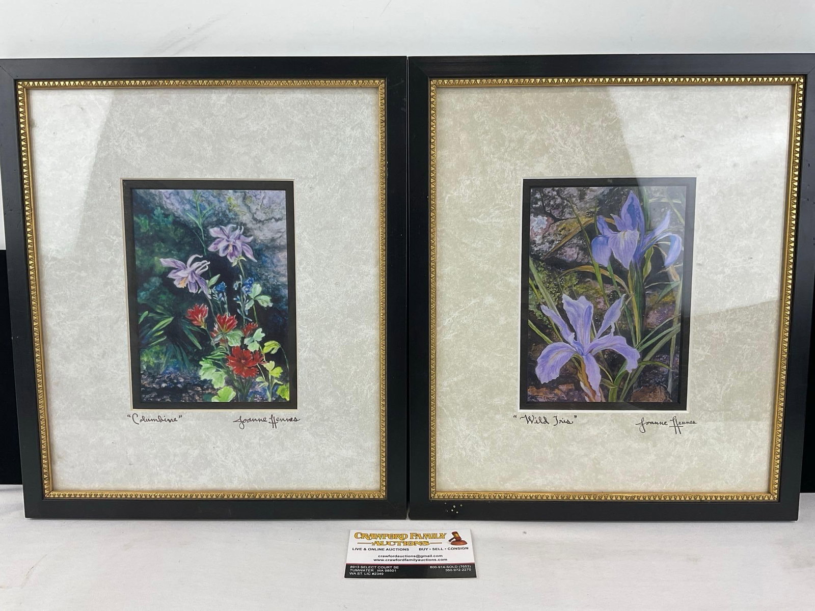 Pair of Signed & Prints, Columbine & Wild Iris by Joanne Hennes, 14h x 13w x 3d inches: Born in Illinois in 1936, Joanne Hennes studied fine art locally and in Paris before establishing her long-term studio and gallery base north of Jackson, Wyoming. For over 50 years, she has worked as