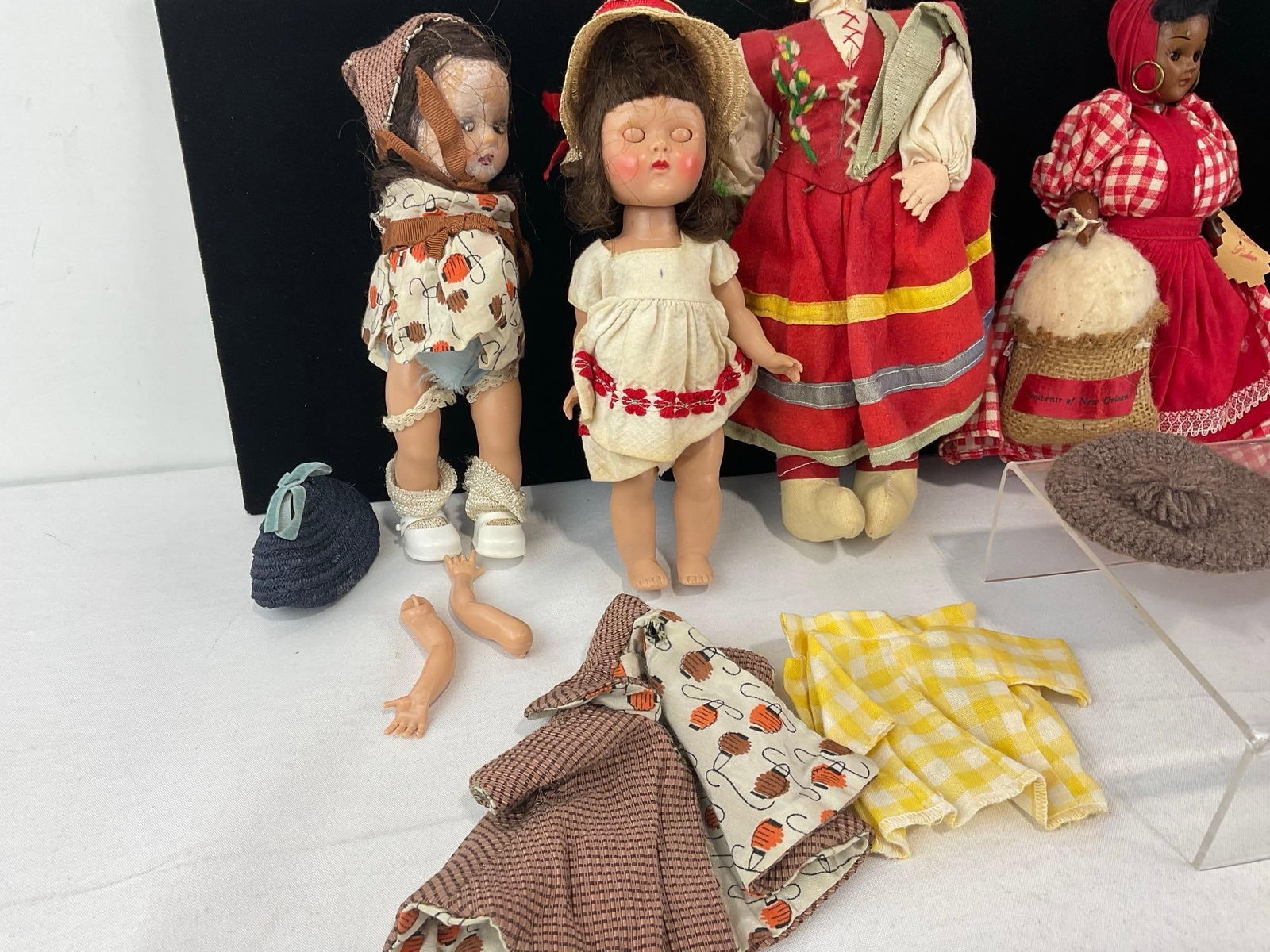 6 Folk Dolls, Magis Roma Italian Doll, Praline Lady, NOLA souvenir, SA Peasant Doll, & some clothes - 2
