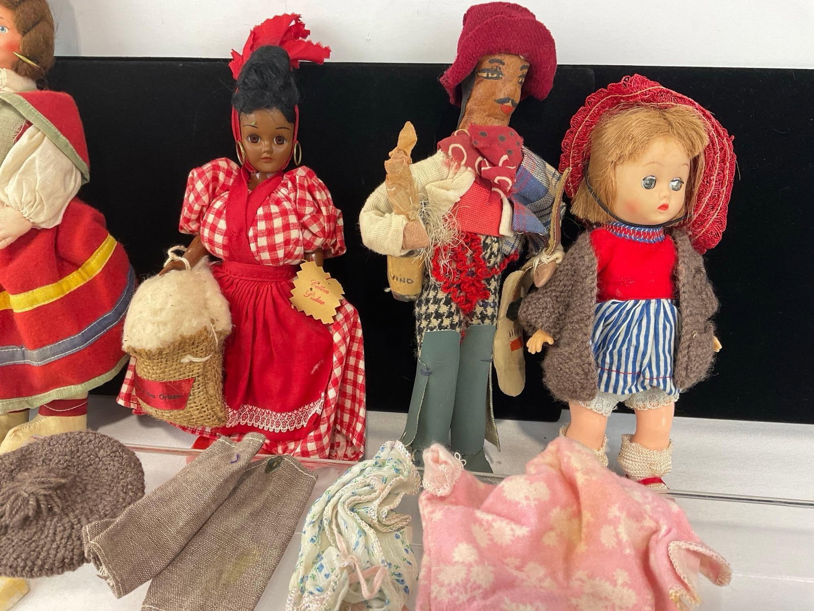 6 Folk Dolls, Magis Roma Italian Doll, Praline Lady, NOLA souvenir, SA Peasant Doll, & some clothes - 3