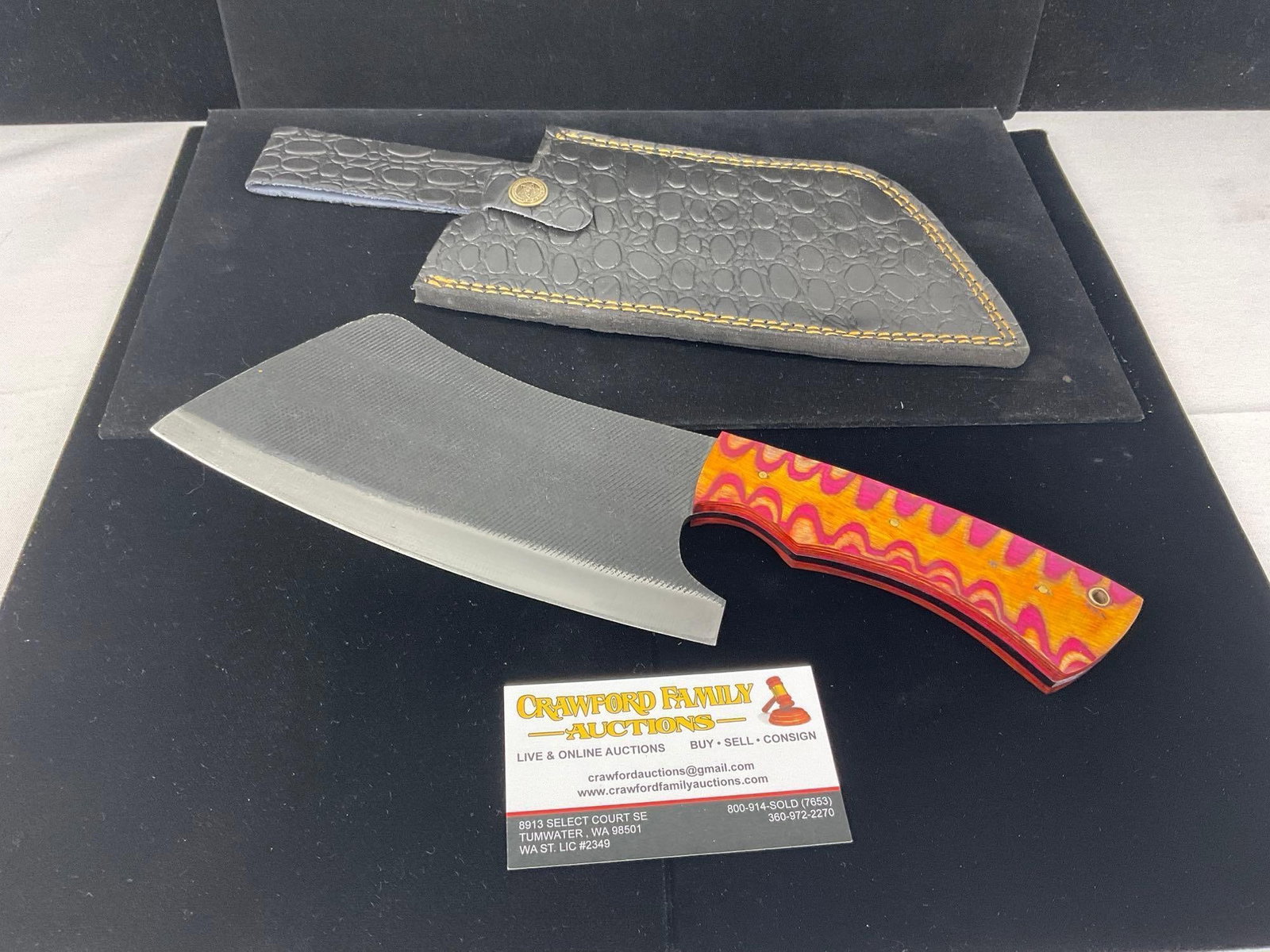Large File Steel Cleaver style Knife, w/Orange/Pink Tinted Wood Handle & Leather Sheath: All these knives are from the same collection. See pics for condition. Blade measures approx 8 inches. Measures approx 15h x 4w x 2d inches. E-3440