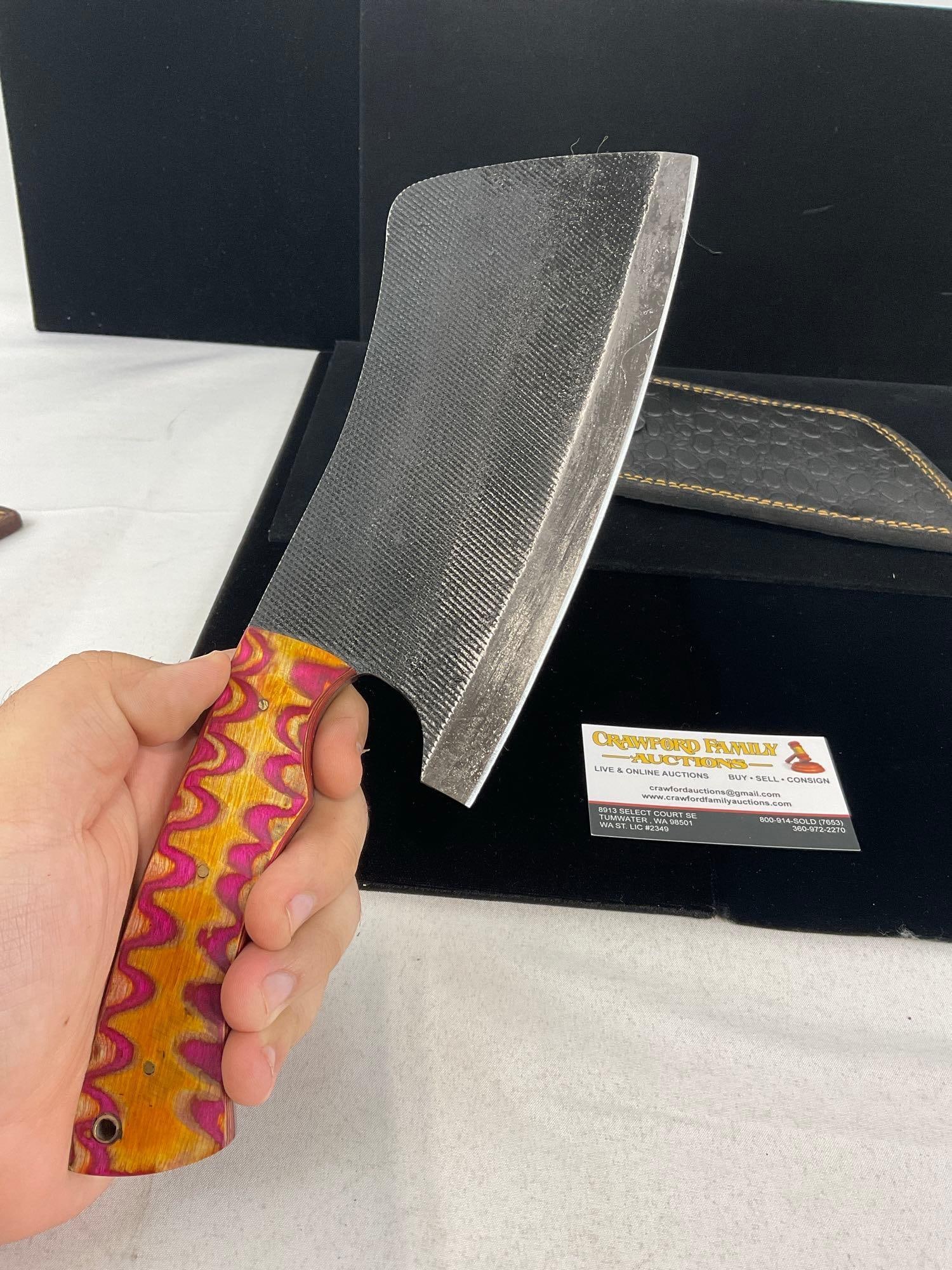 Large File Steel Cleaver style Knife, w/Orange/Pink Tinted Wood Handle & Leather Sheath - 3