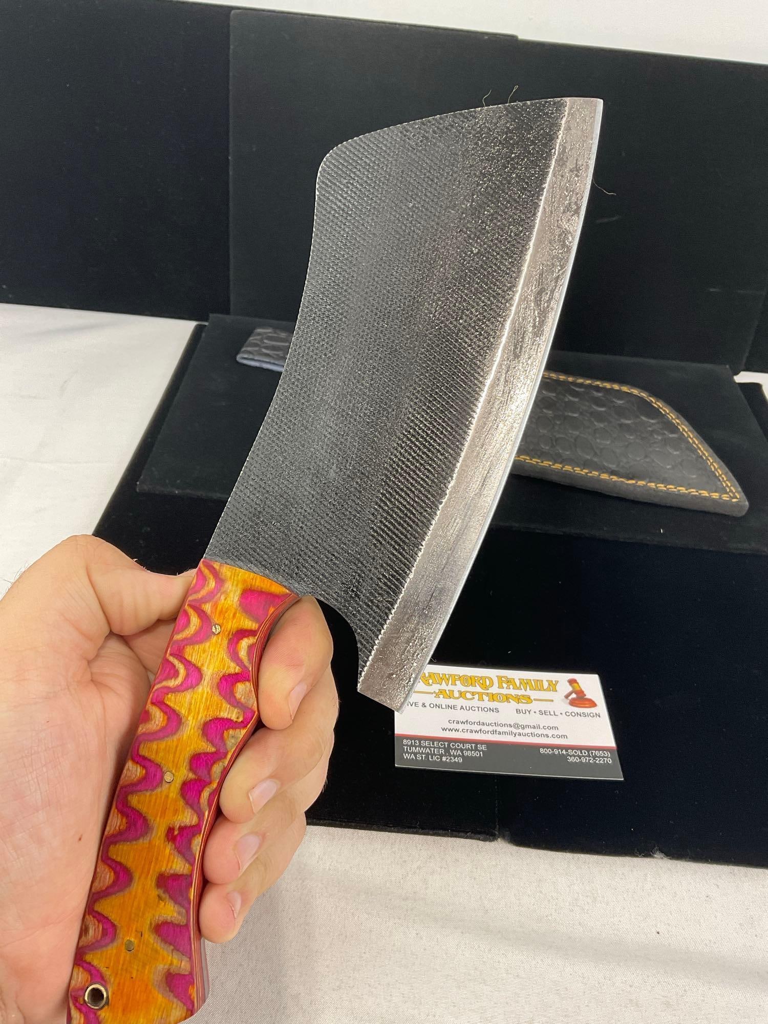 Large File Steel Cleaver style Knife, w/Orange/Pink Tinted Wood Handle & Leather Sheath - 4
