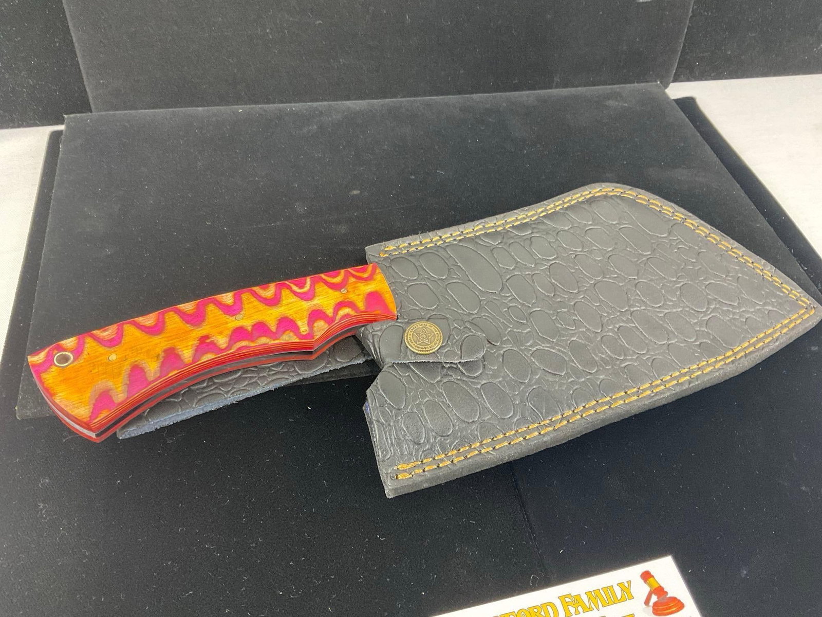 Large File Steel Cleaver style Knife, w/Orange/Pink Tinted Wood Handle & Leather Sheath - 5