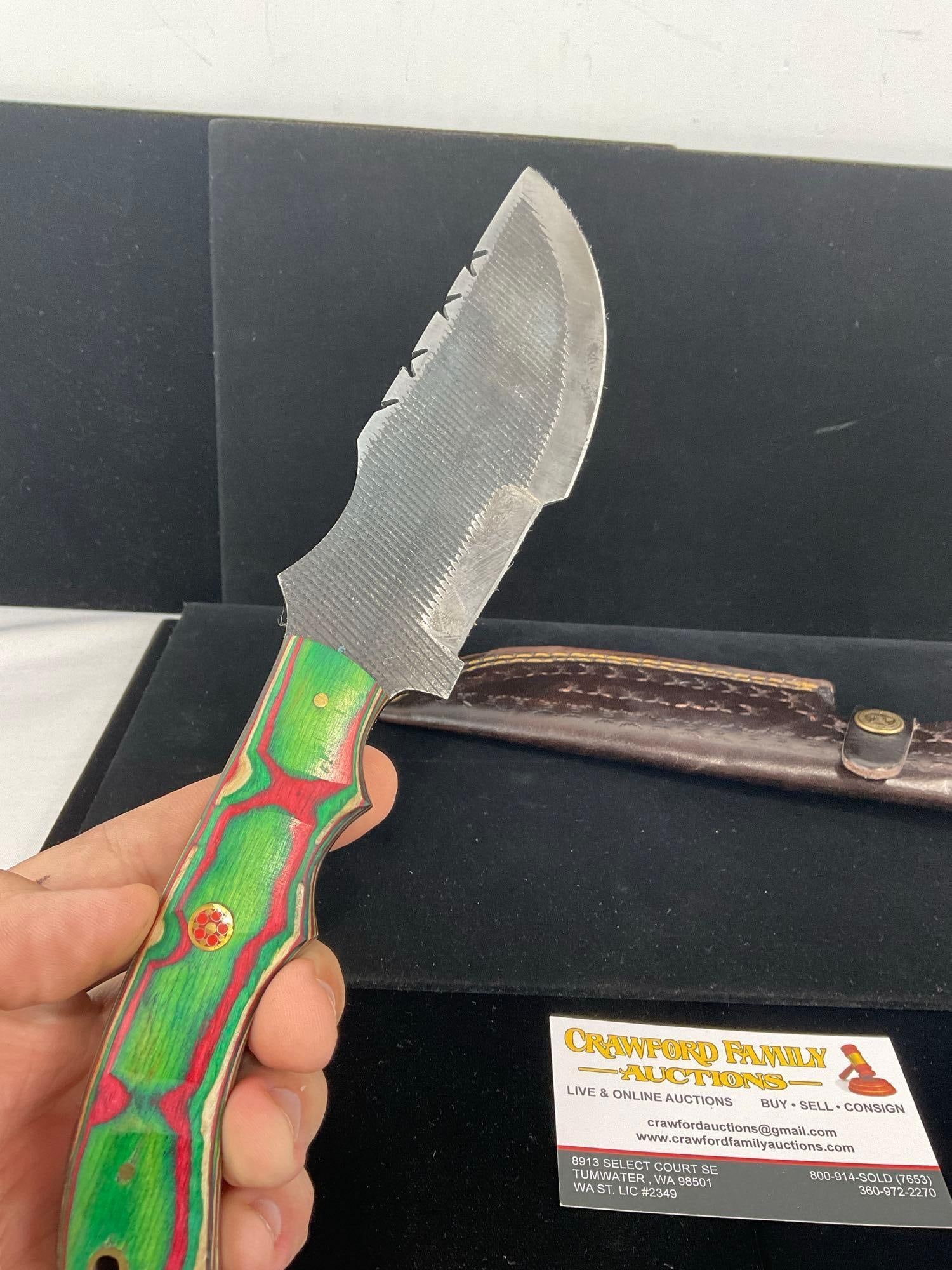 File Steel Knife w/5 inch blade, Red/Green Tinted Wood Handle & Leather Sheath - 3