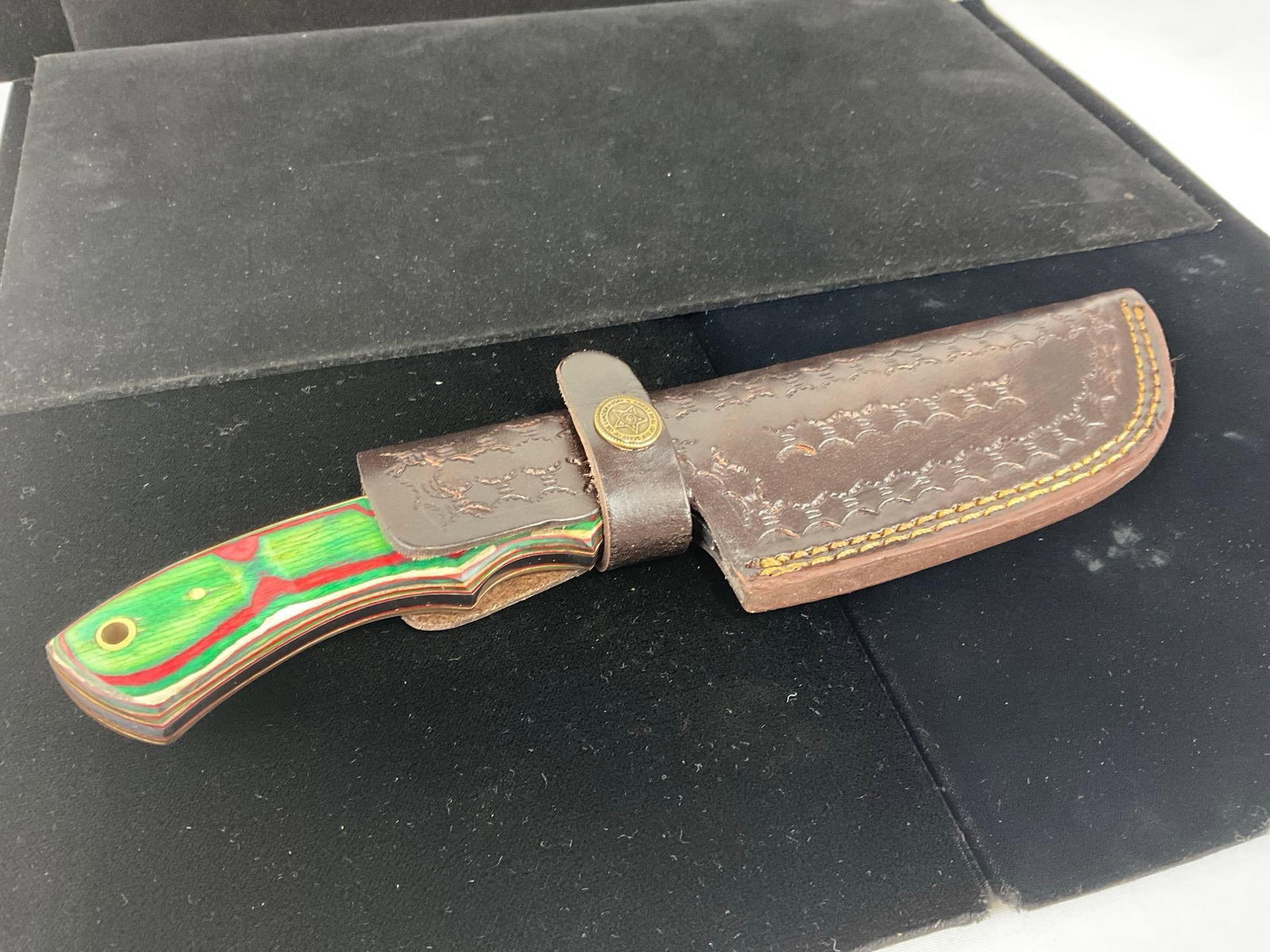 File Steel Knife w/5 inch blade, Red/Green Tinted Wood Handle & Leather Sheath - 4