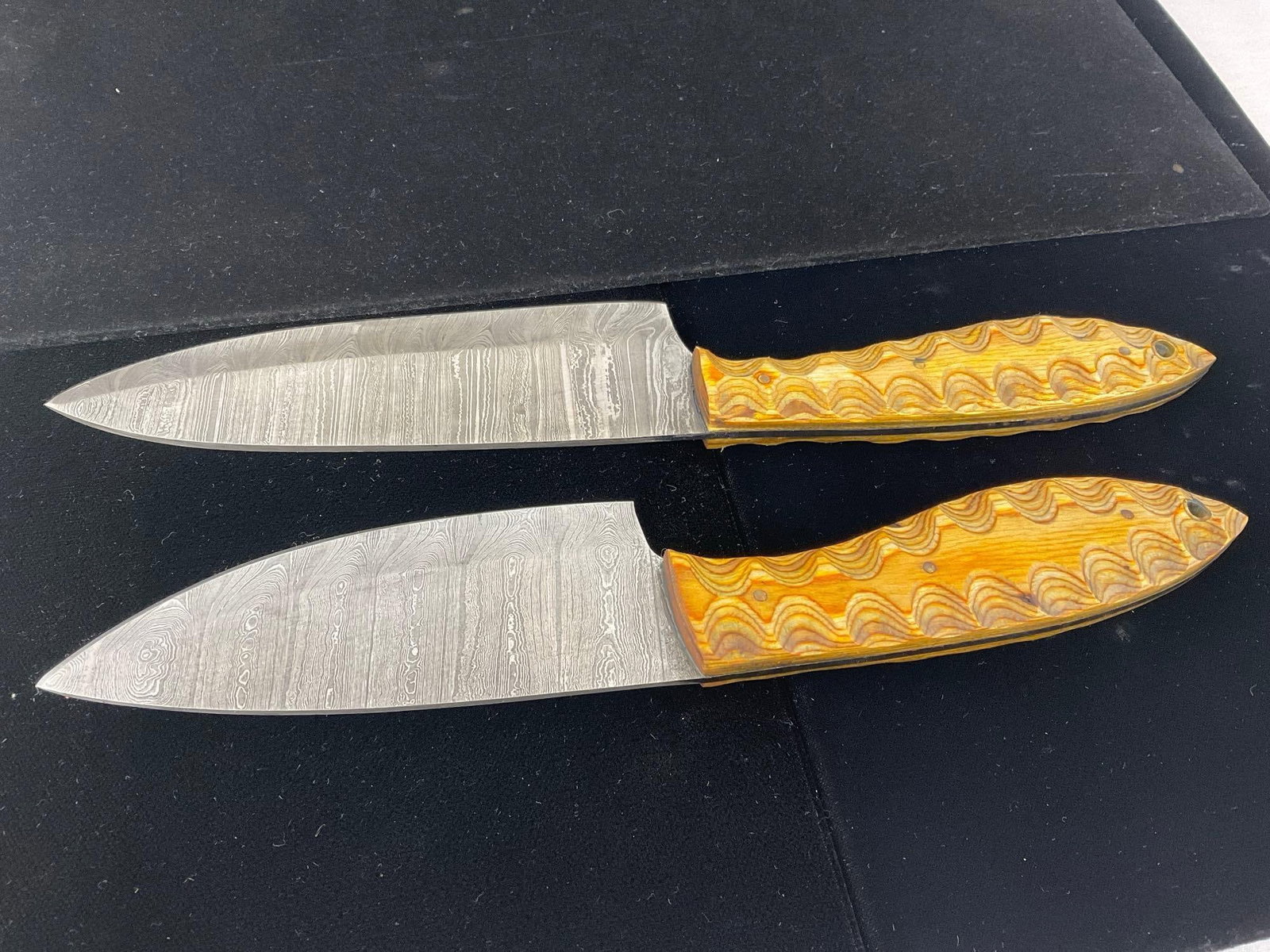 Pair of Damascus Chefs Knives, w/Scalloped Yellow Tinted Wooden Handles - 2