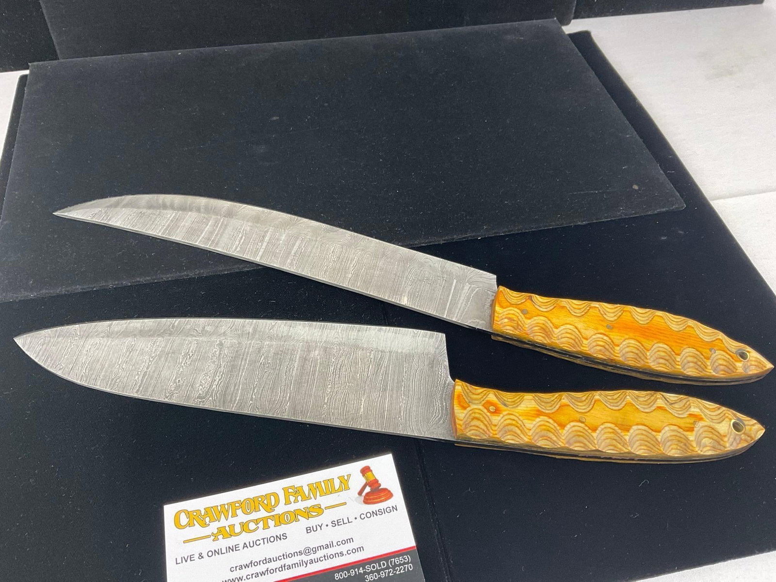 Pair of Damascus Knives, Large Chefs & Carving w/Scalloped Yellow Tinted Wooden Handles - 2