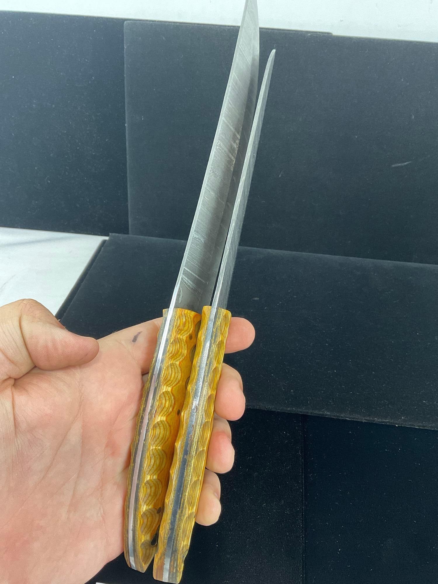 Pair of Damascus Knives, Large Chefs & Carving w/Scalloped Yellow Tinted Wooden Handles - 4