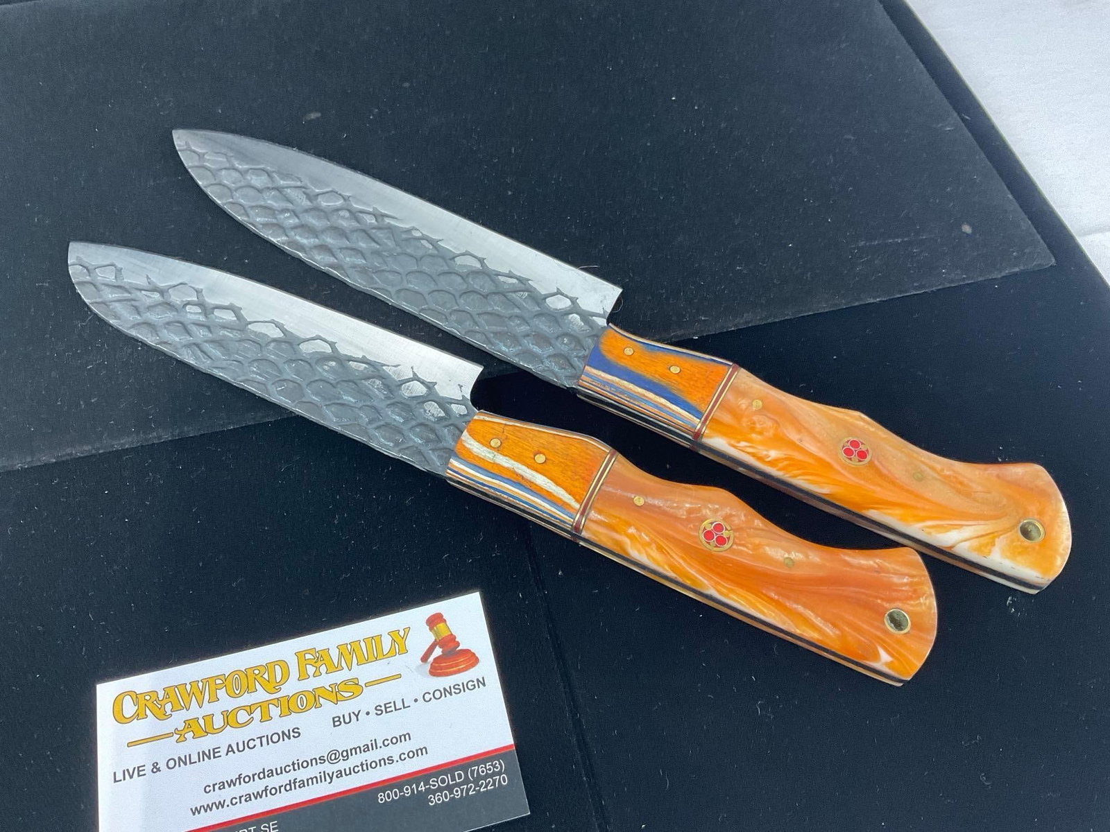 Pair of File Steel Chef Knives w/5&6 inch blades, Tinted Wood & Orange Resin Handles - 2