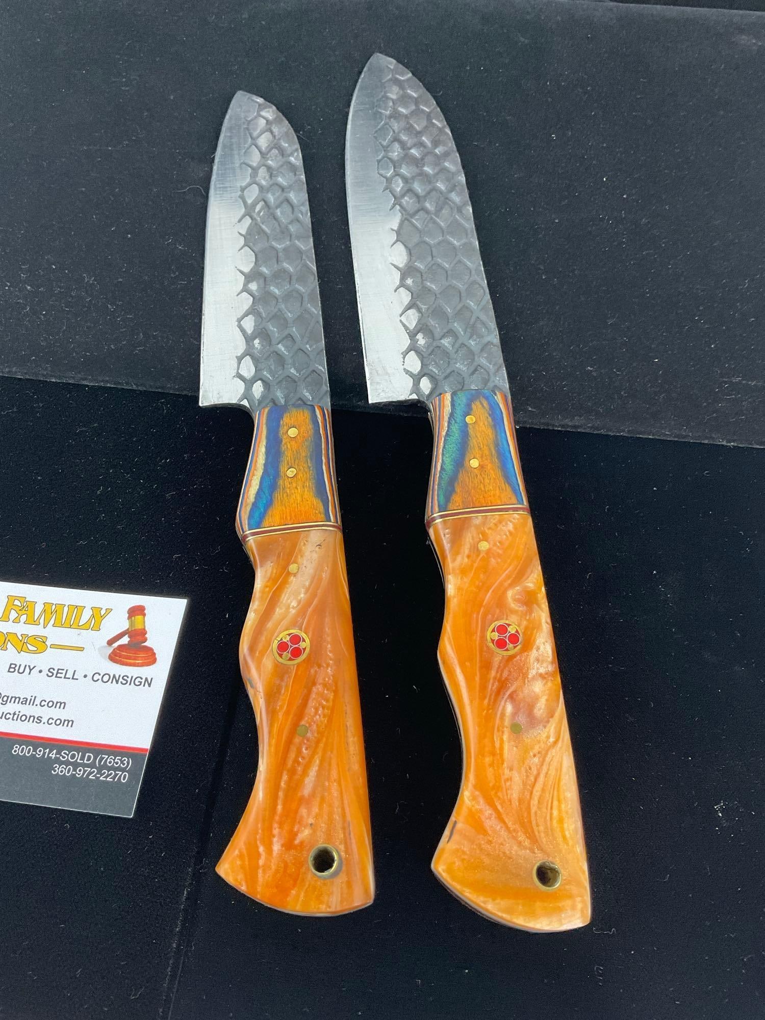 Pair of File Steel Chef Knives w/5&6 inch blades, Tinted Wood & Orange Resin Handles - 4