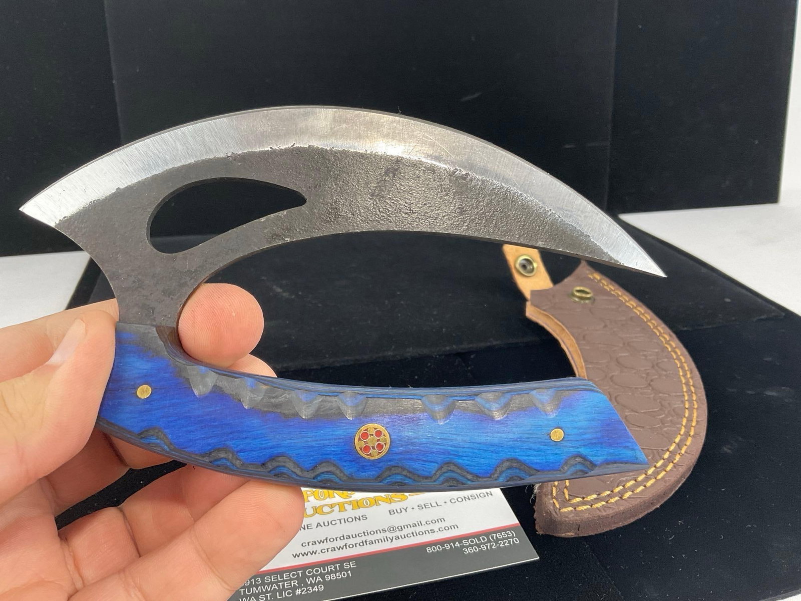 Curved File Steel Knife w/Blue/Black Tinted Wood Handle & Leather Sheath - 2