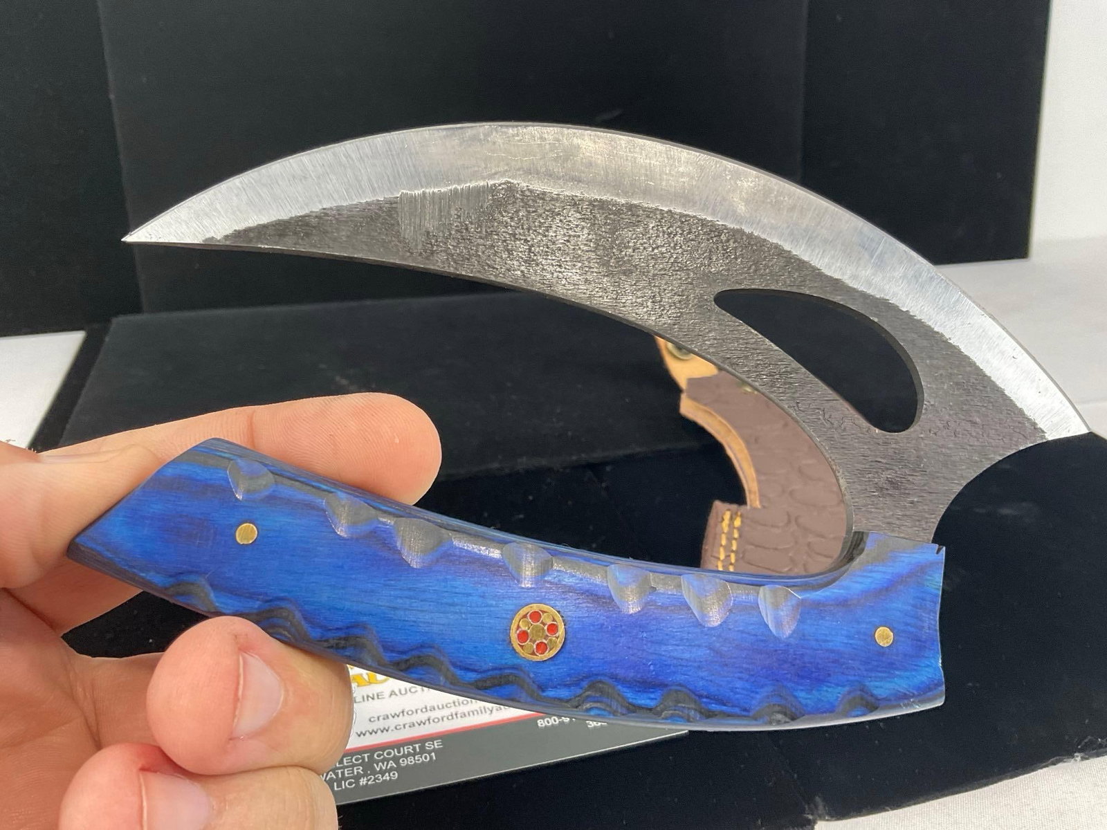 Curved File Steel Knife w/Blue/Black Tinted Wood Handle & Leather Sheath - 3