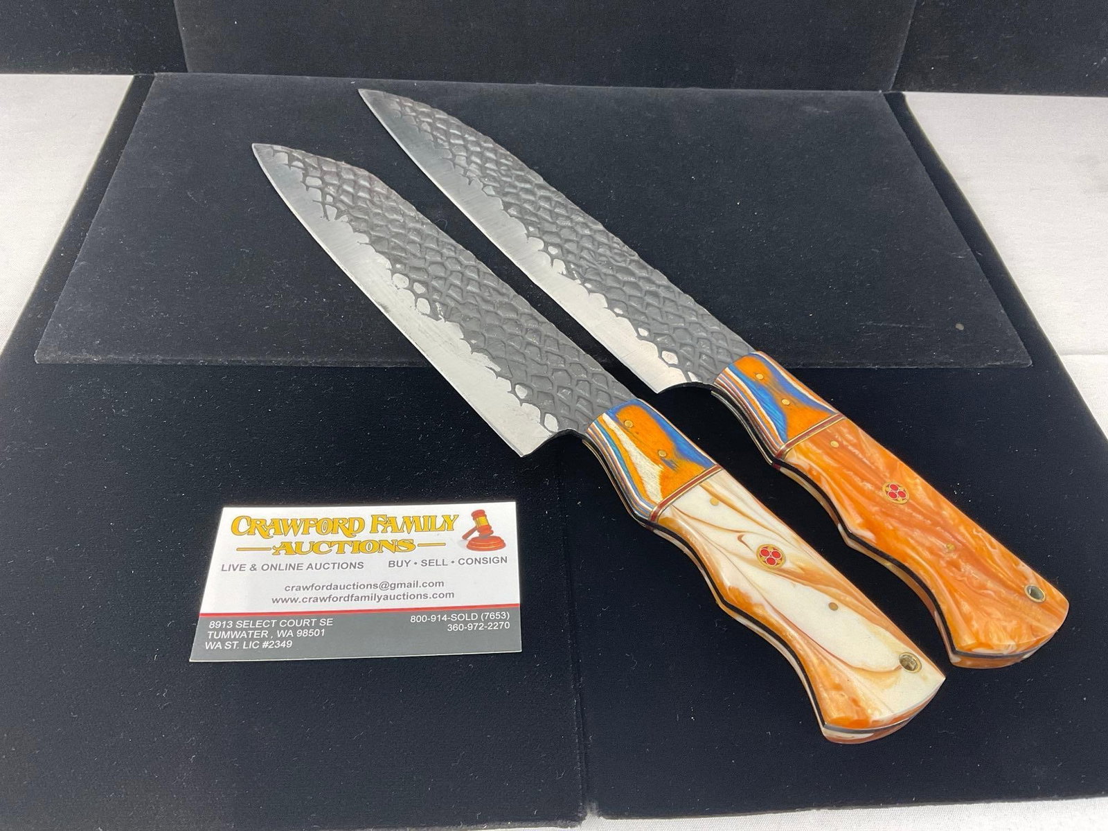 Pair of File Steel Chef Knives w/8&9 inch blades, Tinted Wood & Orange Resin Handles: All these knives are from the same collection. See pics for condition. Blade measures approx 9 inches. Measures approx 15h x 4w x 3d inches. E-3440