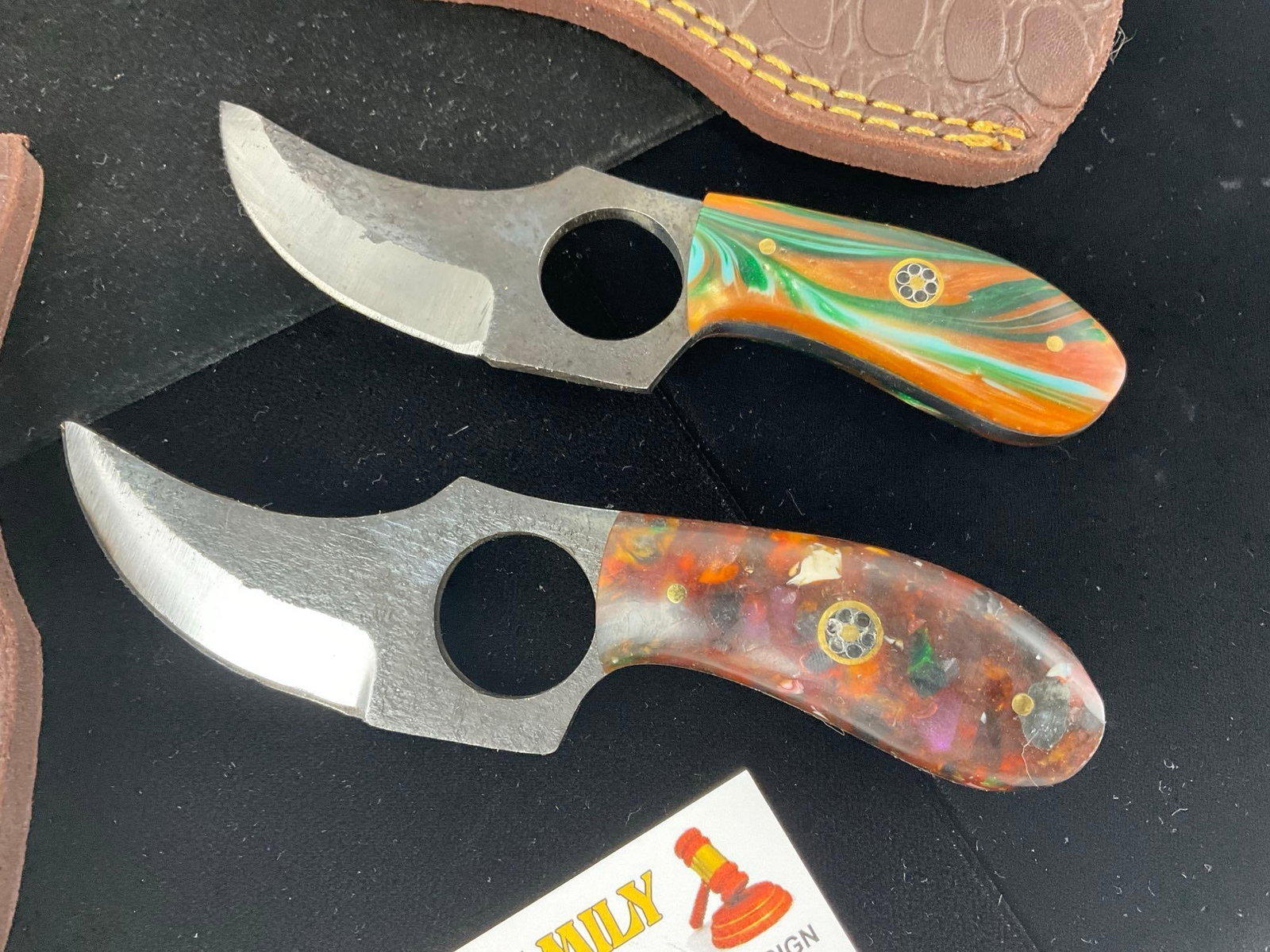 Pair of File Steel Knives w/Thumb Holes, Resin Handles, & Leather Sheaths - 2