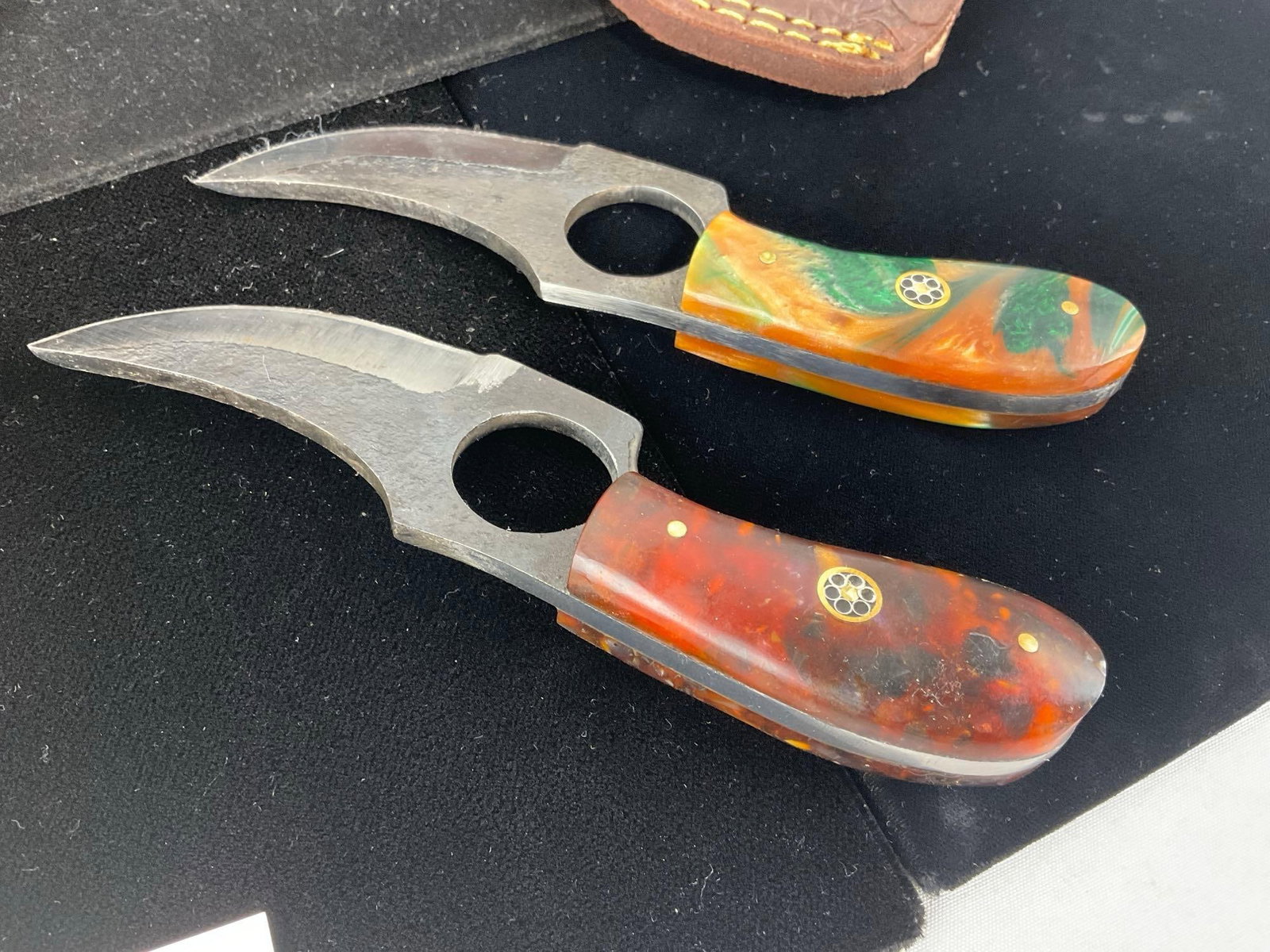Pair of File Steel Knives w/Thumb Holes, Resin Handles, & Leather Sheaths - 3