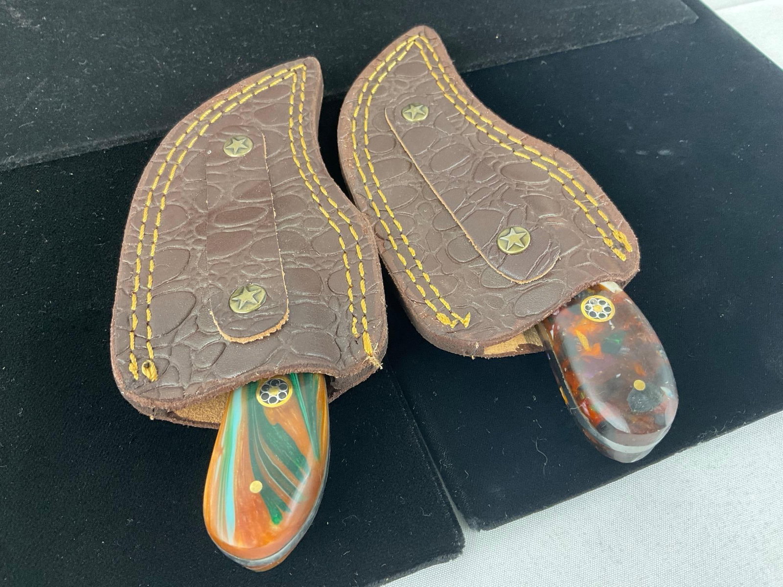 Pair of File Steel Knives w/Thumb Holes, Resin Handles, & Leather Sheaths - 6