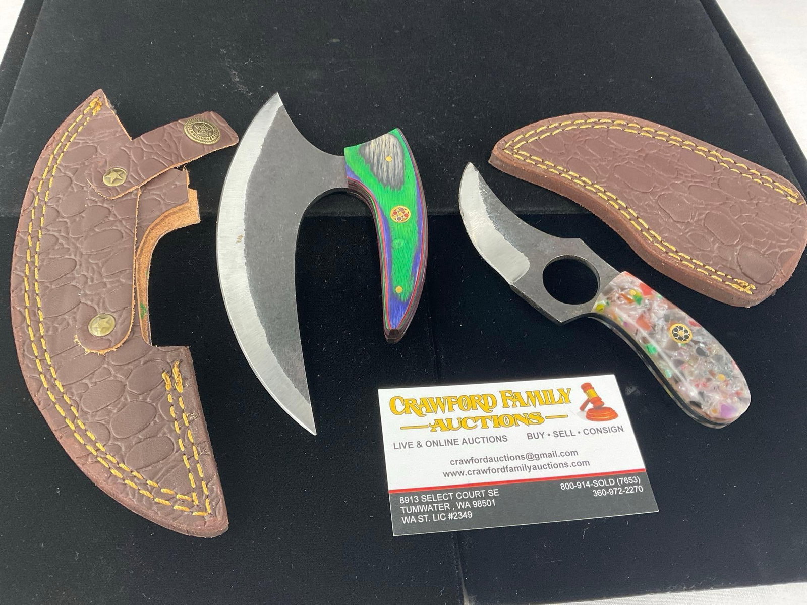 Pair of File Steel Blade Knives, w/1x Tinted Wood & 1x Resin Handle & Leather Sheaths - 2