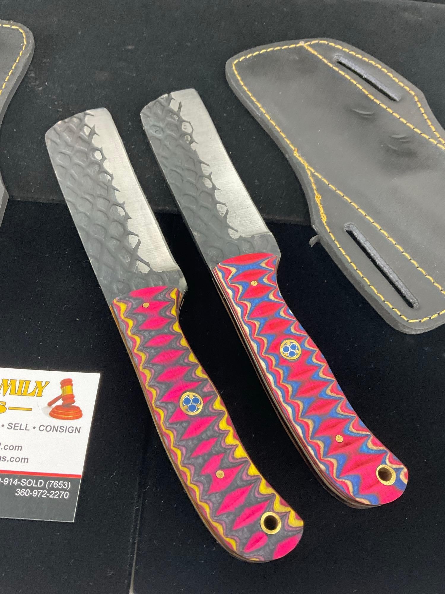 Pair of File Steel Knives, w/Pink Multicolor Tinted Wood Handles & Leather Sheaths - 2