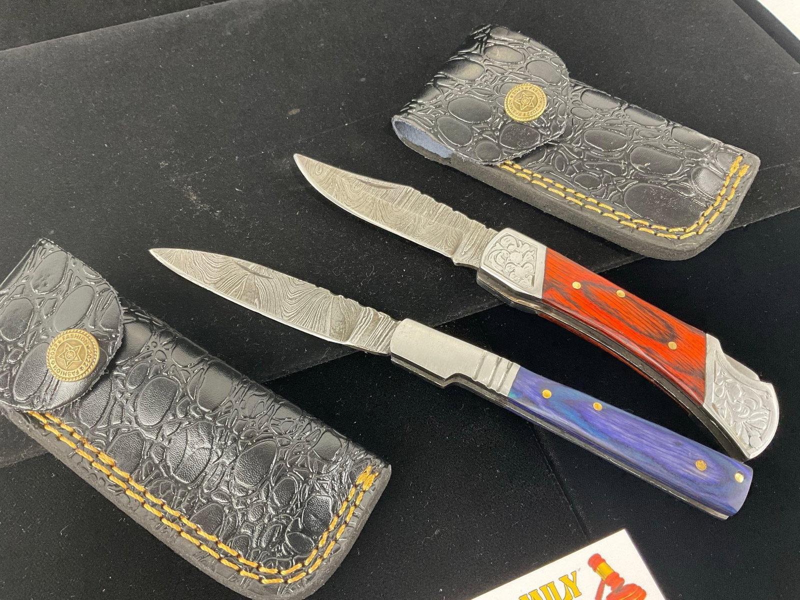 Pair of Damascus Steel Folding Knives w/Tinted Wood Handles & Leather Sheaths - 2