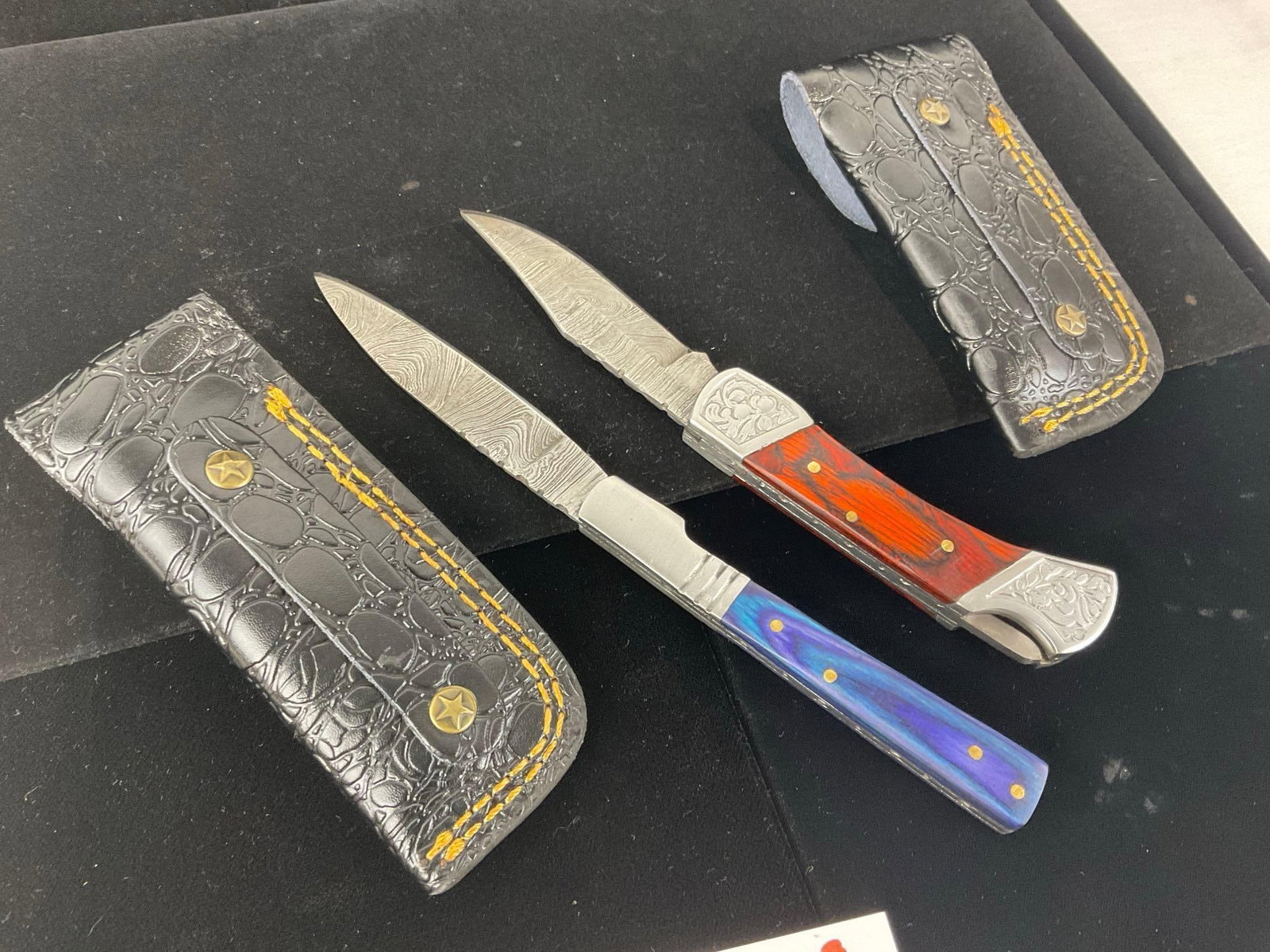 Pair of Damascus Steel Folding Knives w/Tinted Wood Handles & Leather Sheaths - 3