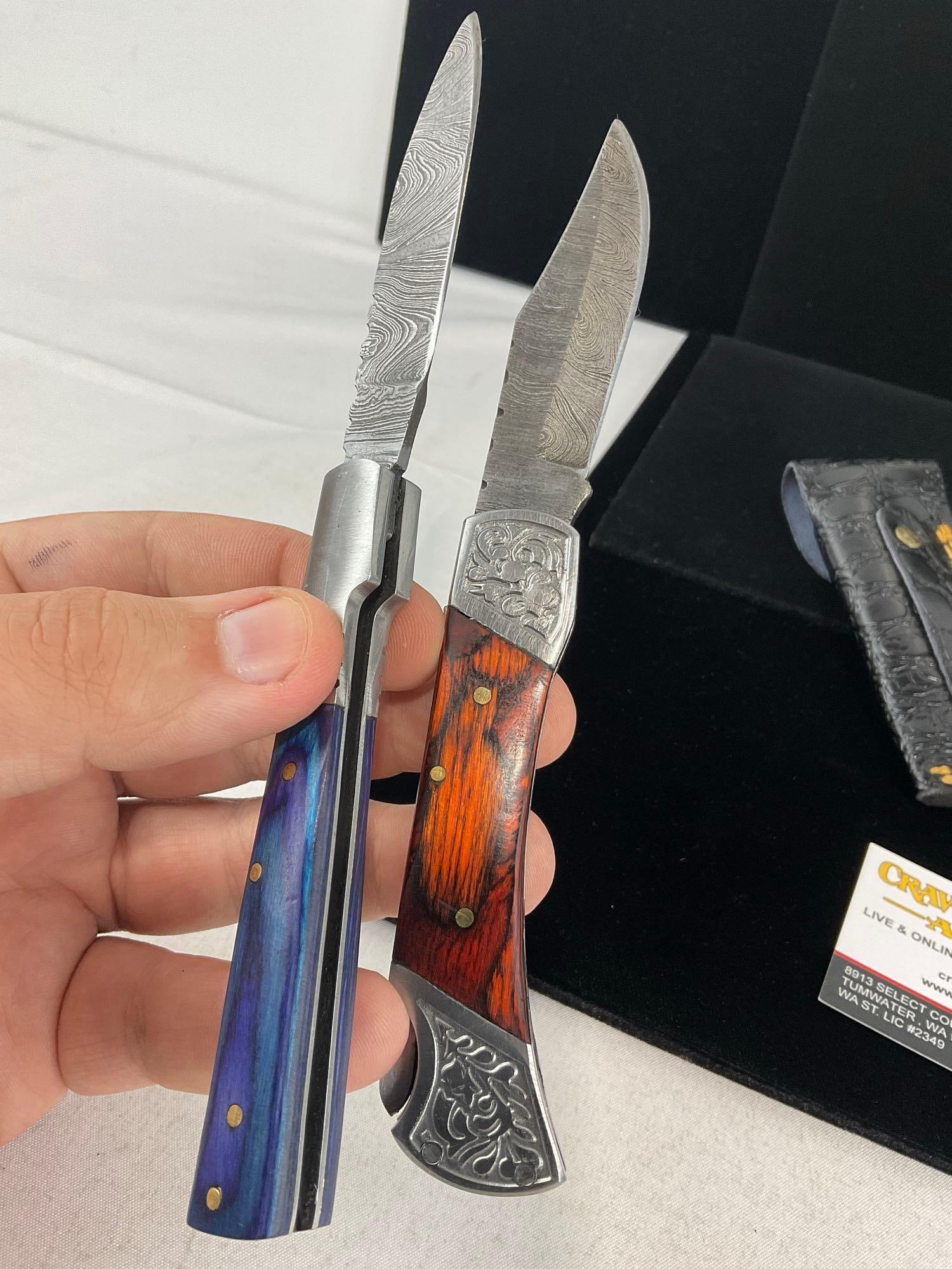 Pair of Damascus Steel Folding Knives w/Tinted Wood Handles & Leather Sheaths - 4